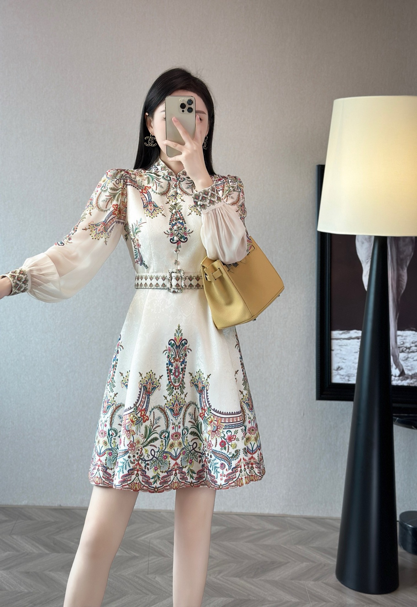 Elegant Floral Print Midi Dress with Belted Waist and Lantern Sleeves 1 i1755588717781 238 0 0