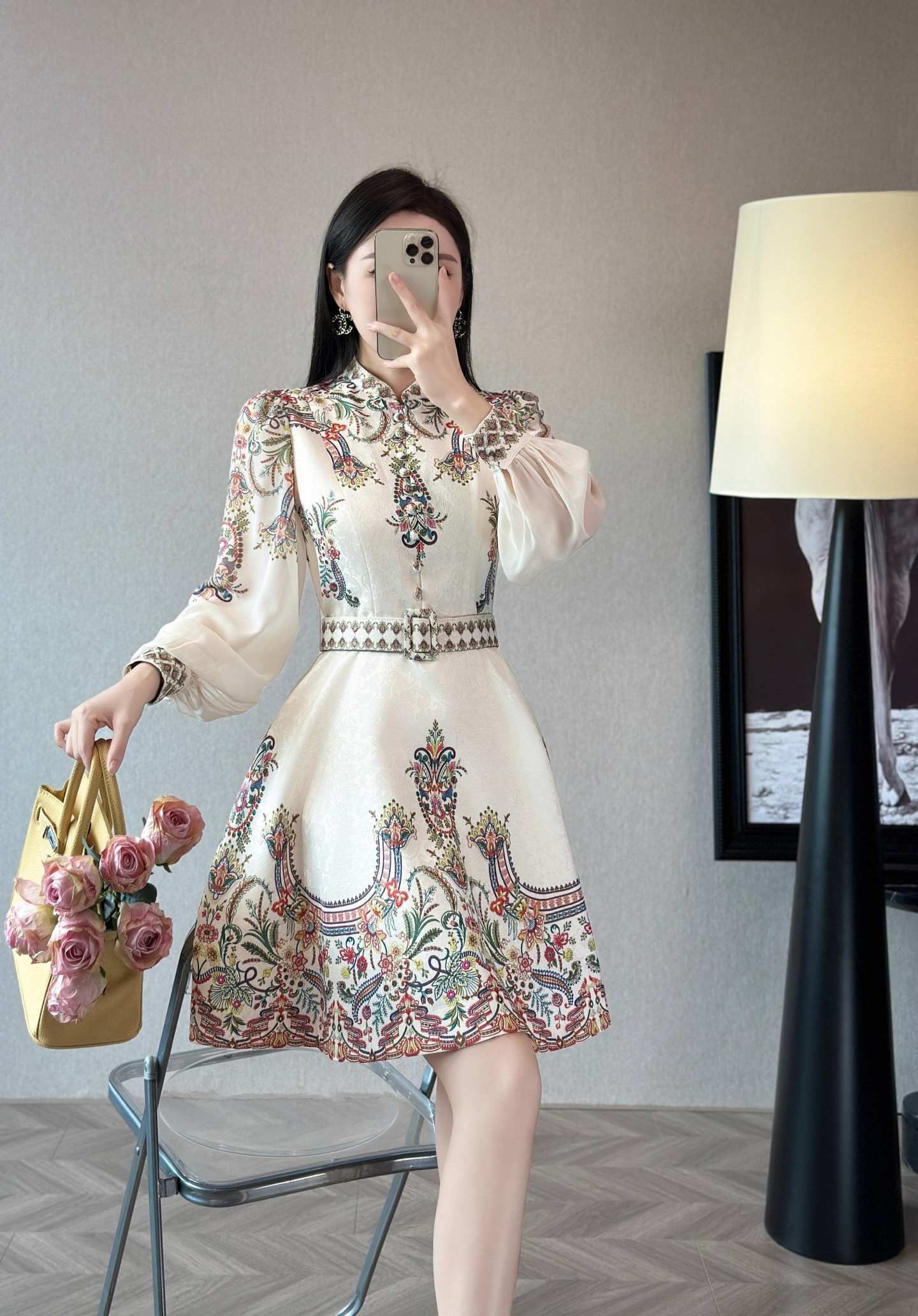 Elegant Floral Print Midi Dress with Belted Waist and Lantern Sleeves 4 i1755588717803 4520 0 3