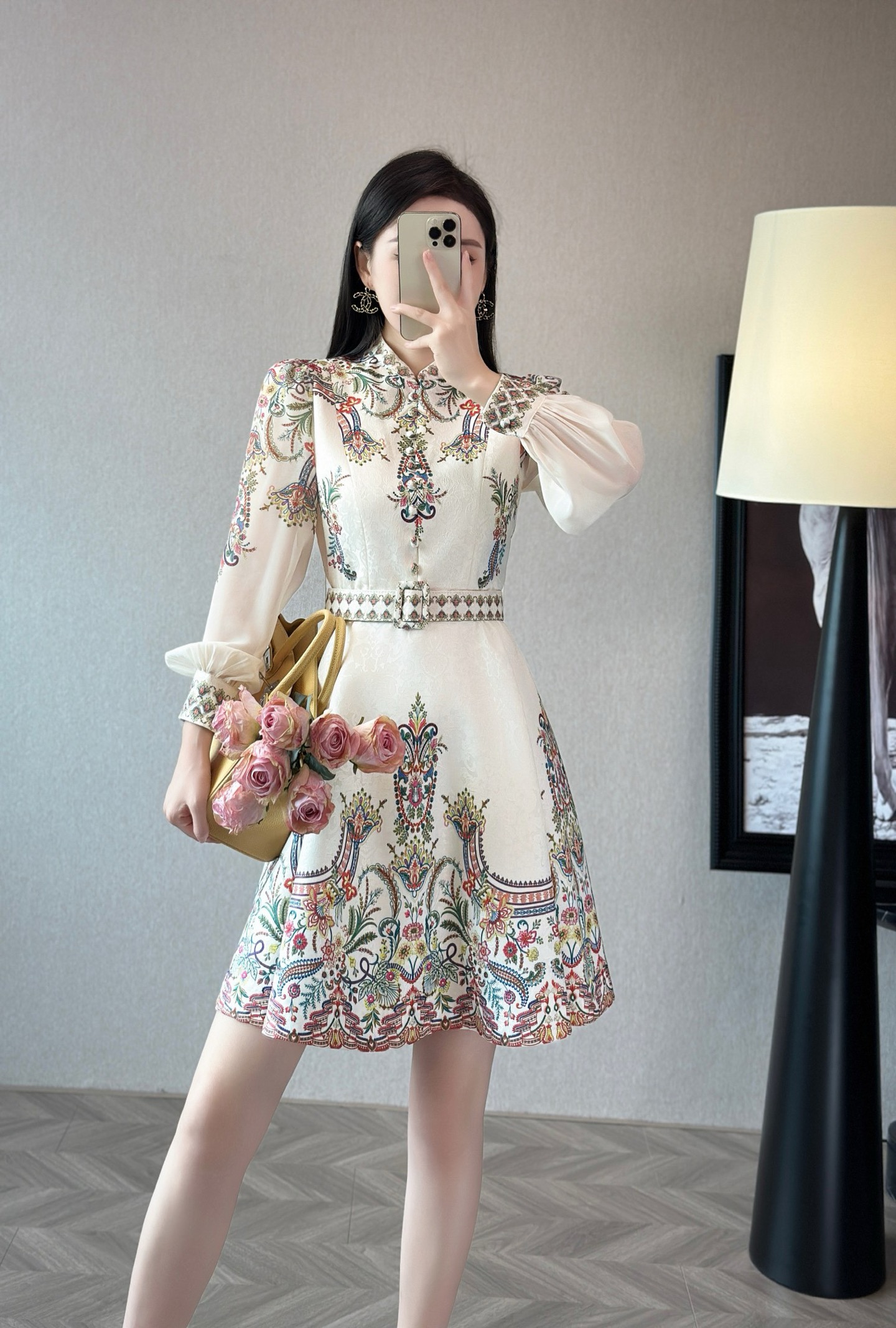 Elegant Floral Print Midi Dress with Belted Waist and Lantern Sleeves 2 i1755588717818 1443 0 1