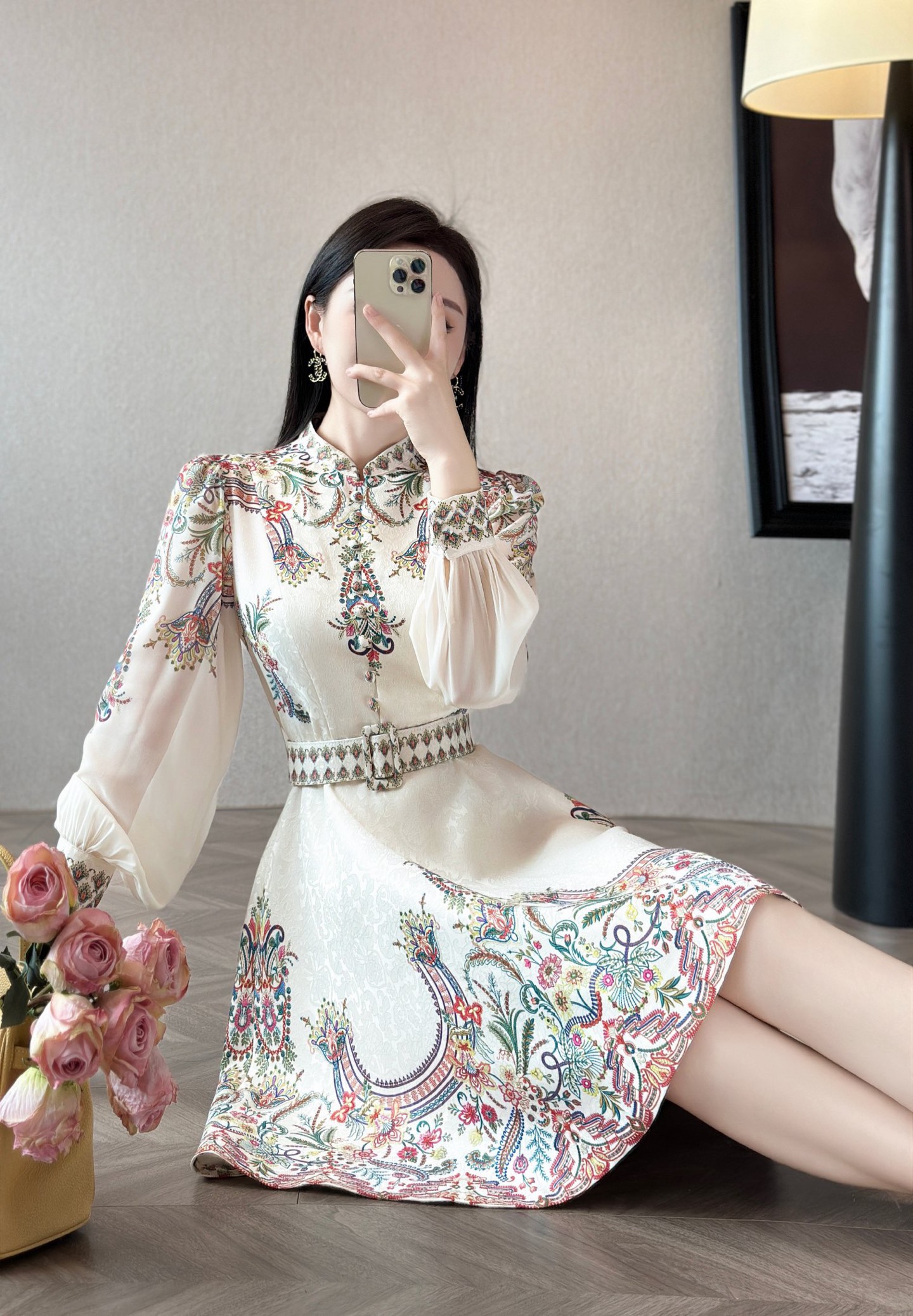 Elegant Floral Print Midi Dress with Belted Waist and Lantern Sleeves 6 i1755588717825 7770 0 5