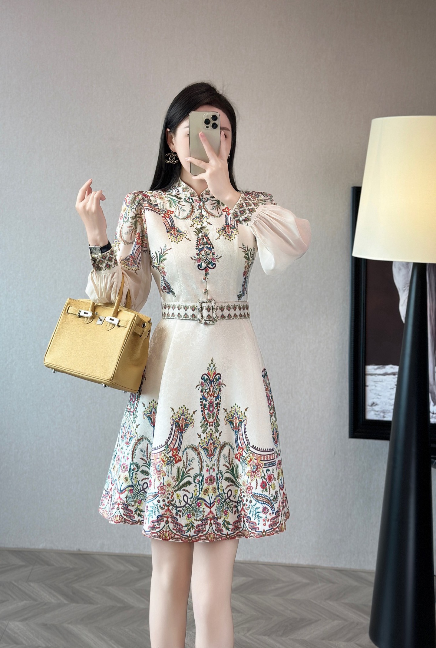 Elegant Floral Print Midi Dress with Belted Waist and Lantern Sleeves 3 i1755588718921 7064 0 2