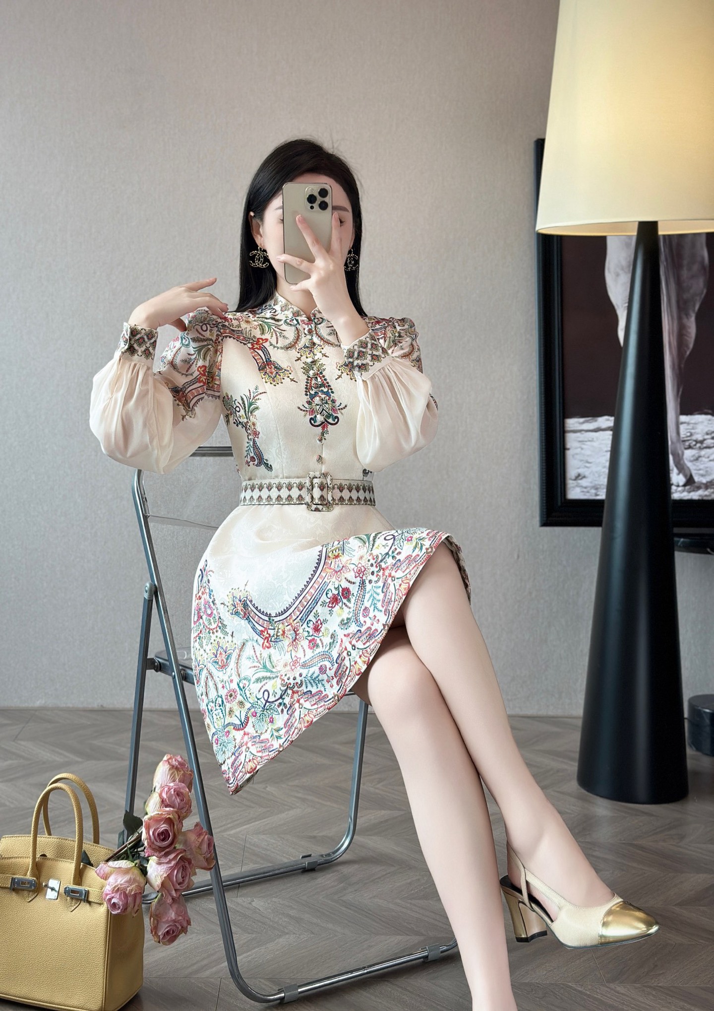 Elegant Floral Print Midi Dress with Belted Waist and Lantern Sleeves 5 i1755588718931 7550 0 4