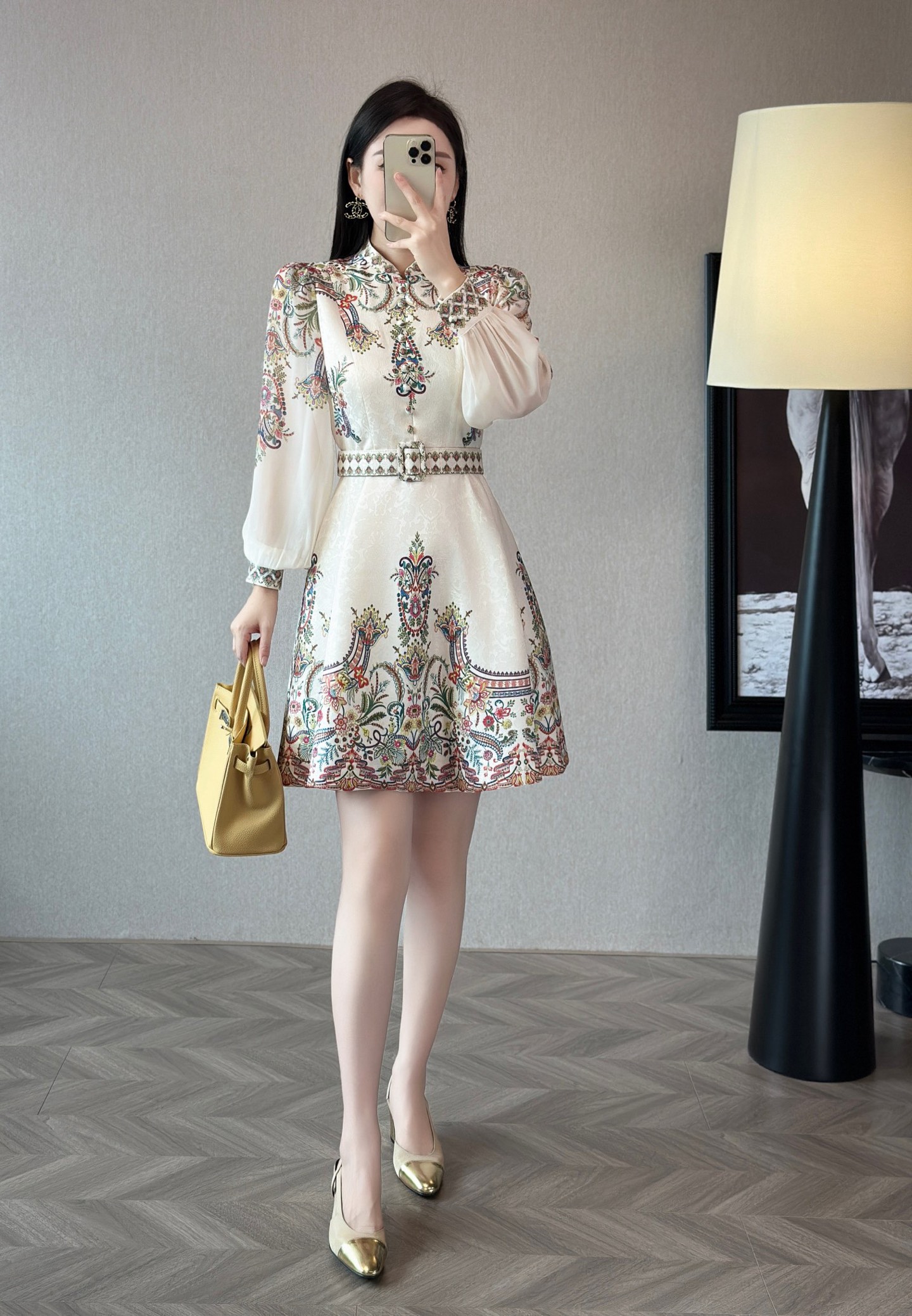 Elegant Floral Print Midi Dress with Belted Waist and Lantern Sleeves 8 i1755588718942 3199 0 7