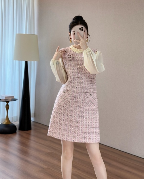 Chanel Style Tweed Mini Dress with Sheer Sleeves and Decorative Brooch 1 Chanel Style Tweed Mini Dress with Sheer Sleeves and Decorative Brooch
