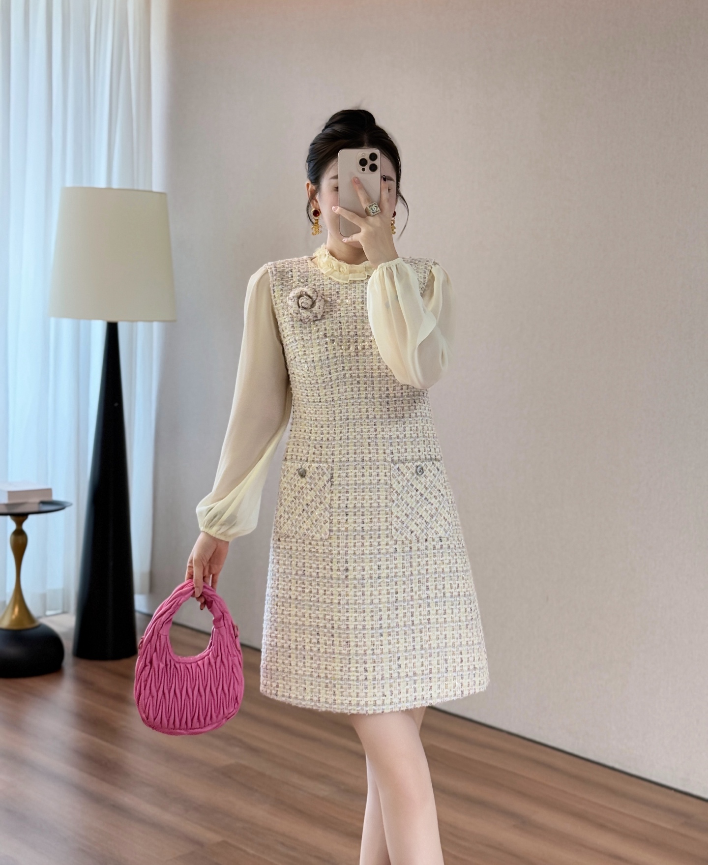 Elegant Tweed Mini Dress Inspired by Chanel with Long Sleeves and Brooch 1 i1755610528618 4786 0 1
