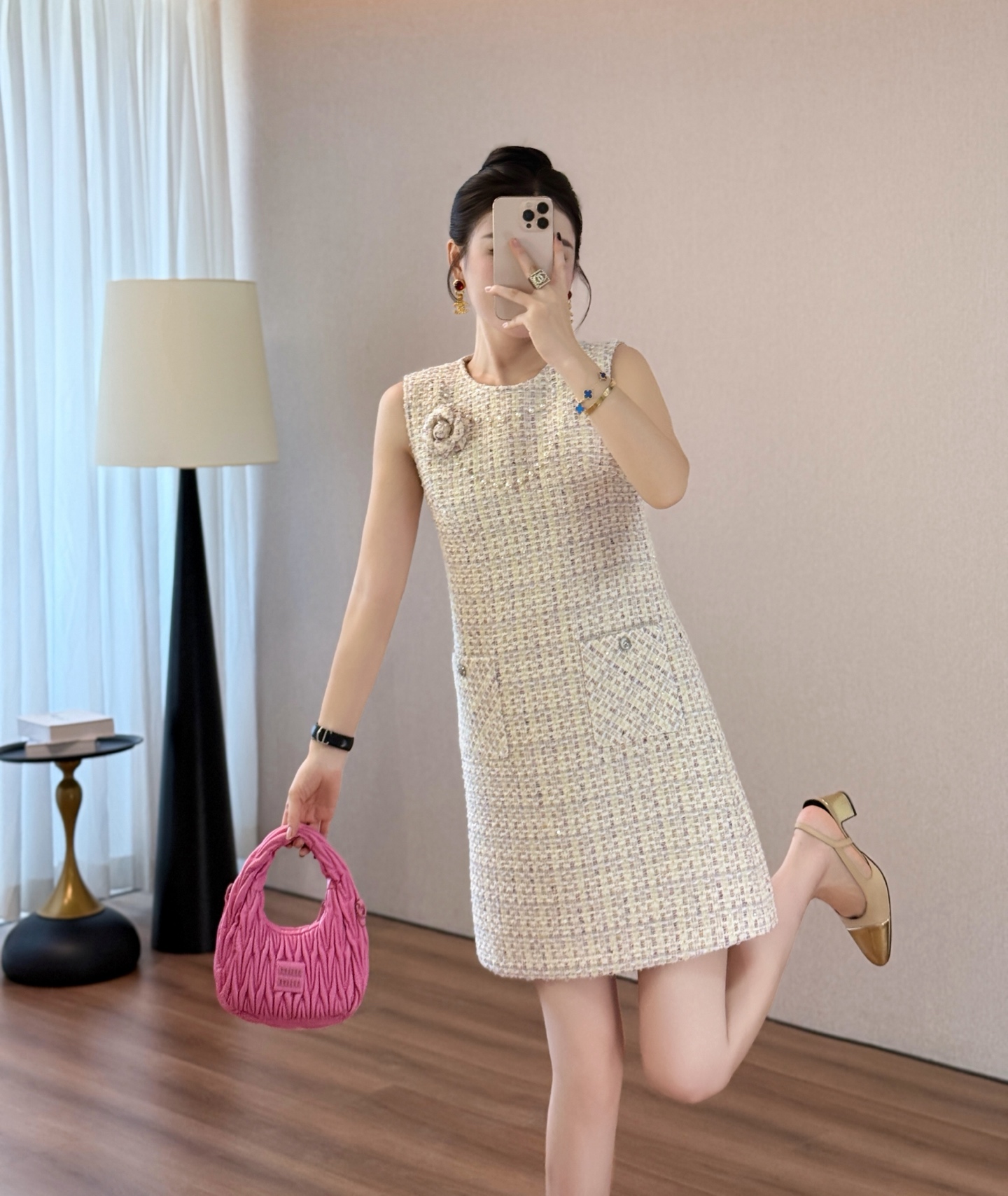 Elegant Tweed Mini Dress Inspired by Chanel with Long Sleeves and Brooch 7 i1755610528670 8808 0 7