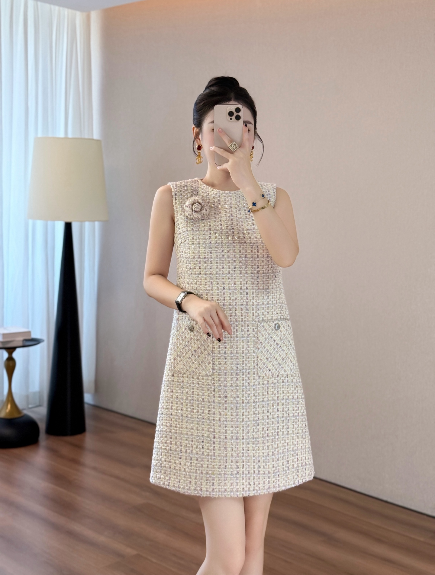 Elegant Tweed Mini Dress Inspired by Chanel with Long Sleeves and Brooch 5 i1755610531720 6709 0 4