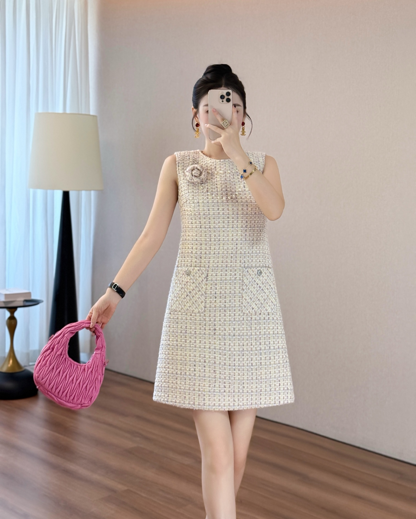 Elegant Tweed Mini Dress Inspired by Chanel with Long Sleeves and Brooch 6 i1755610531729 9786 0 6