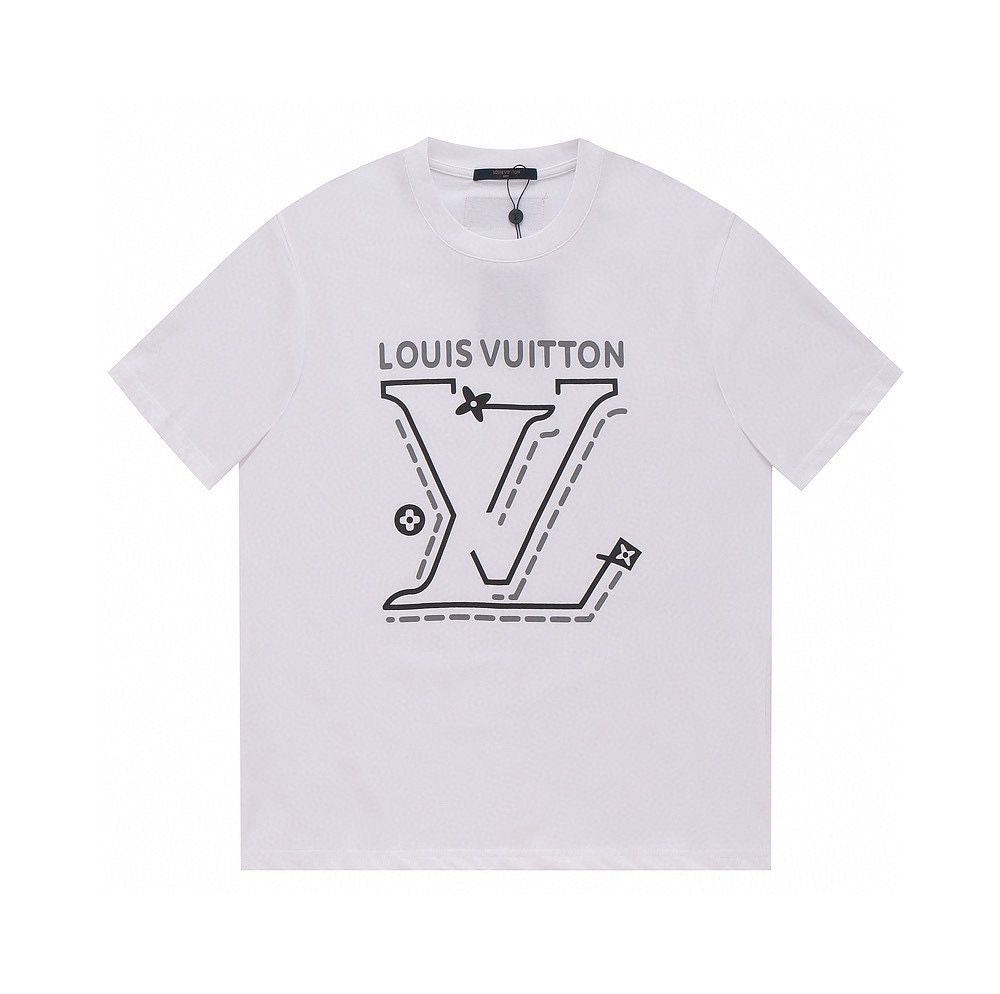 Louis Vuitton Clothing Shirts & Blouses T-Shirt Black White Printing Unisex Combed Cotton Short Sleeve