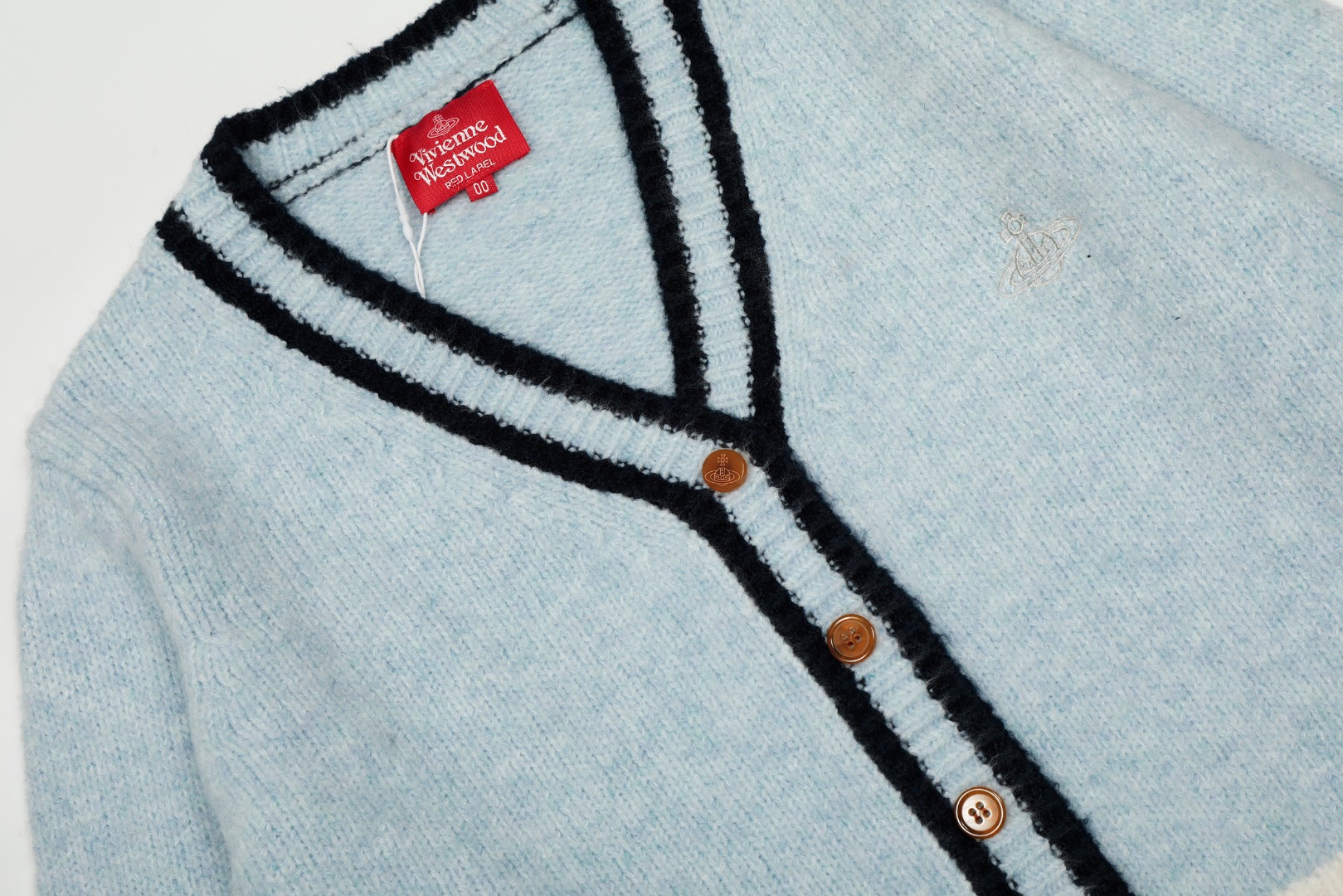 Vivienne Westwood Blue Wool Blend Cardigan, Embroidered Logo, Three-Color Knit 4 o 1j30lmkvnjmpsgmkionct75n6