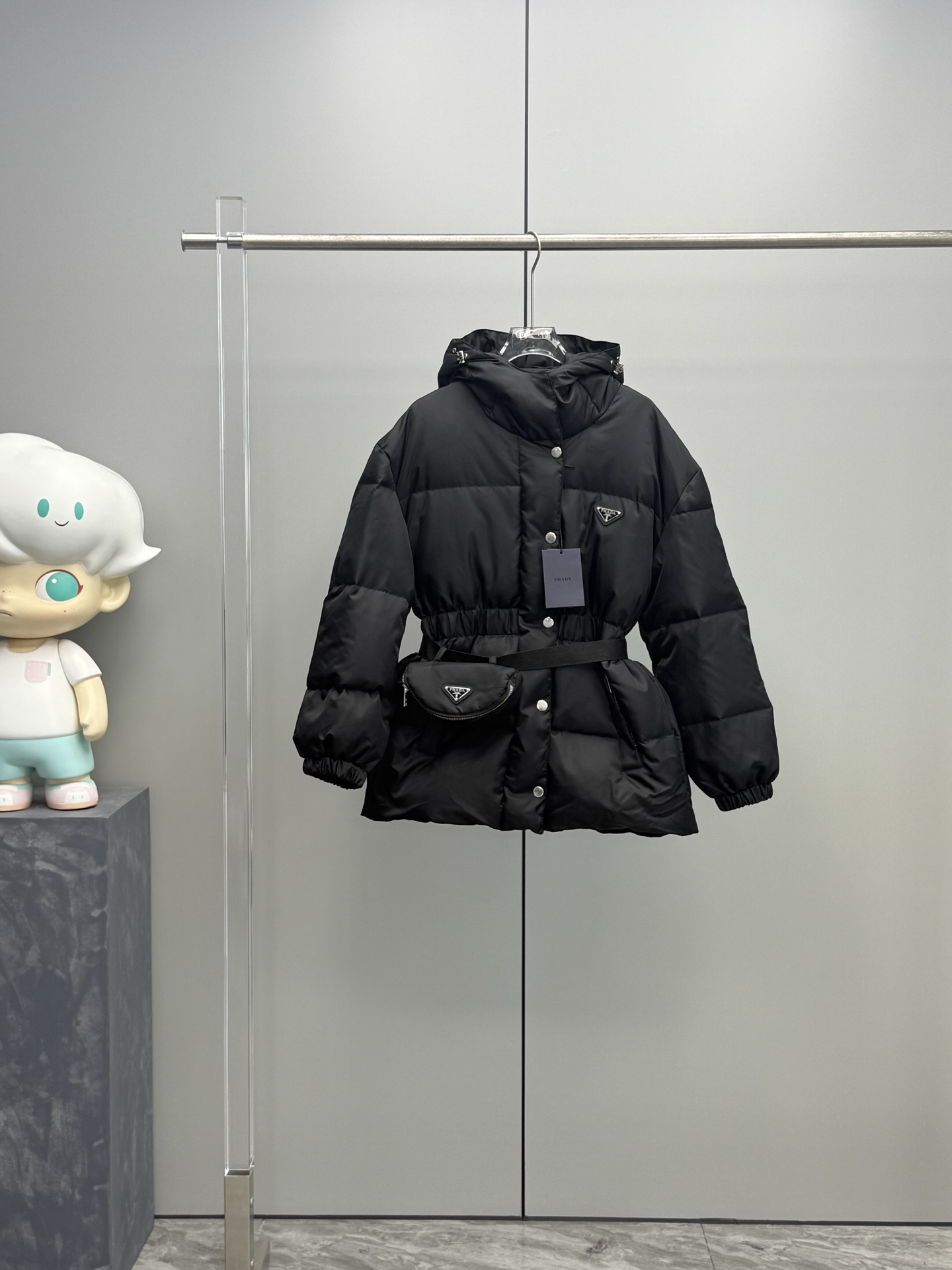 Prada Women's Black Recycled Nylon Hooded Down Puffer Jacket with Belt Bag