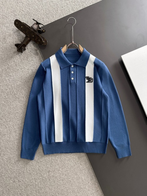 Louis Vuitton 2025 Men's Wool Blend Knit Polo Shirt - Striped Design 1 Louis Vuitton 2025 Men's Wool Blend Knit Polo Shirt - Striped Design