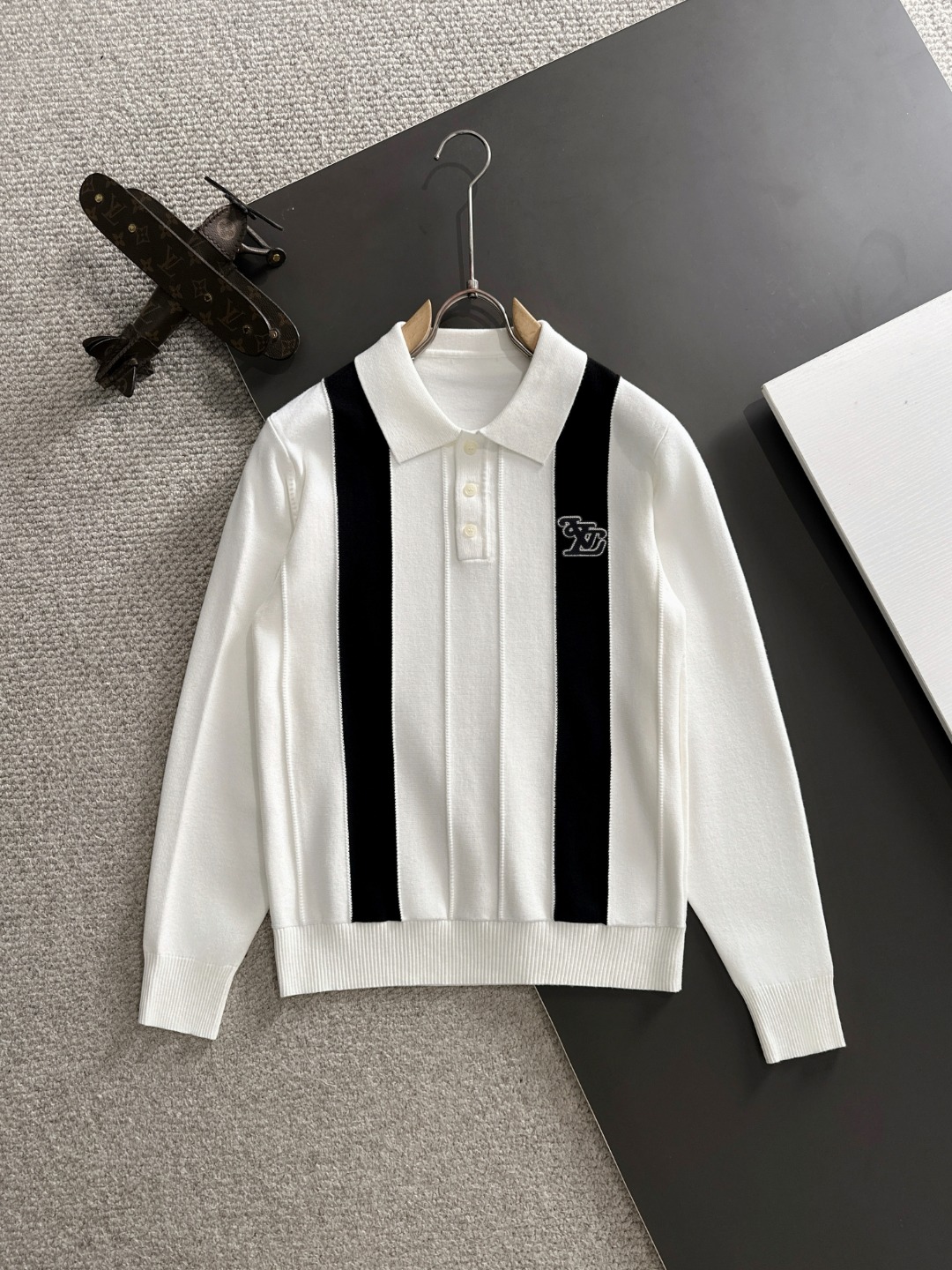 Louis Vuitton Wool Blend Knit Polo Shirt, Embroidered Logo, Striped Design