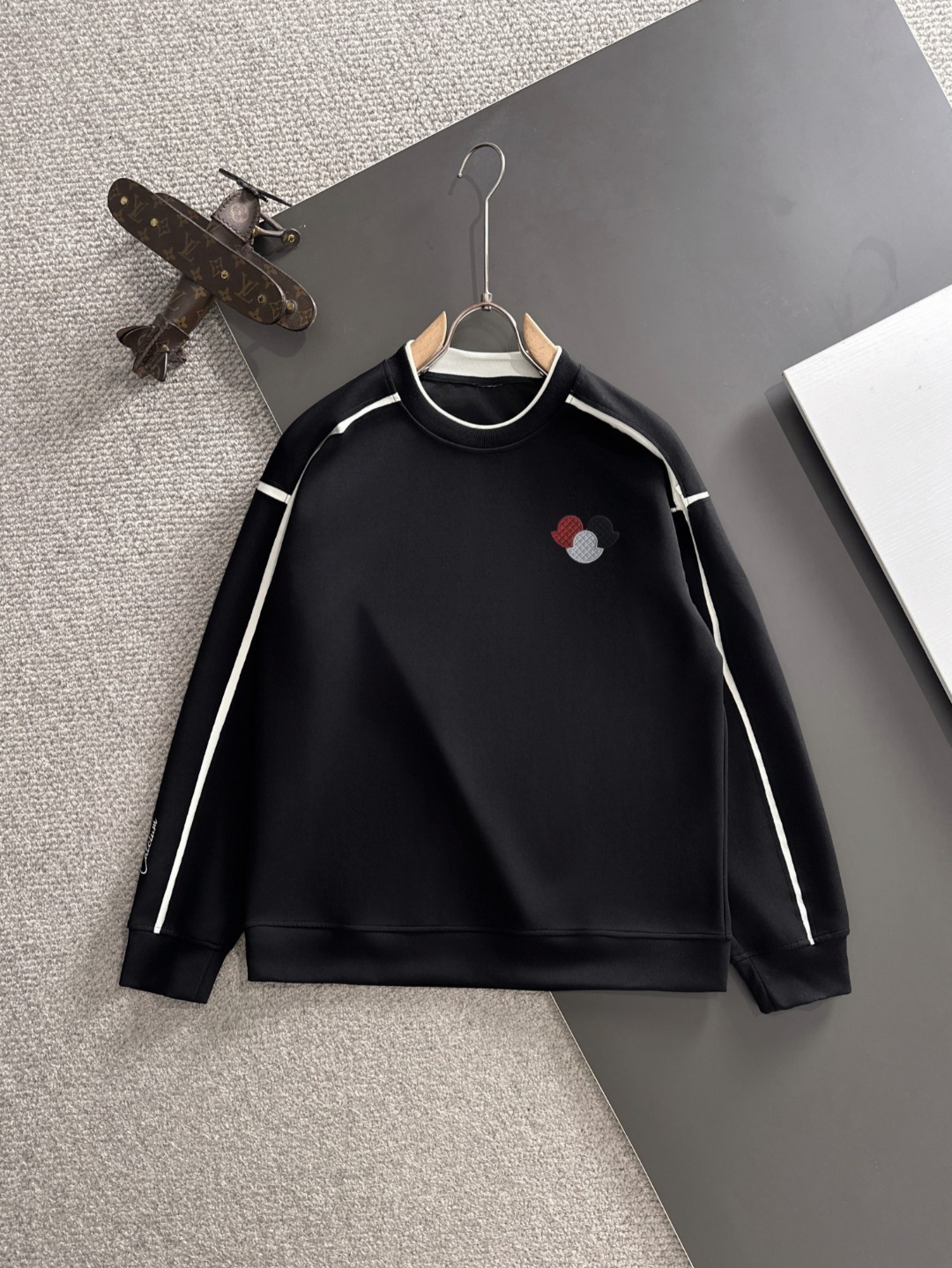 Moncler Men's Black Long Sleeve Cotton T-Shirt with White Trim