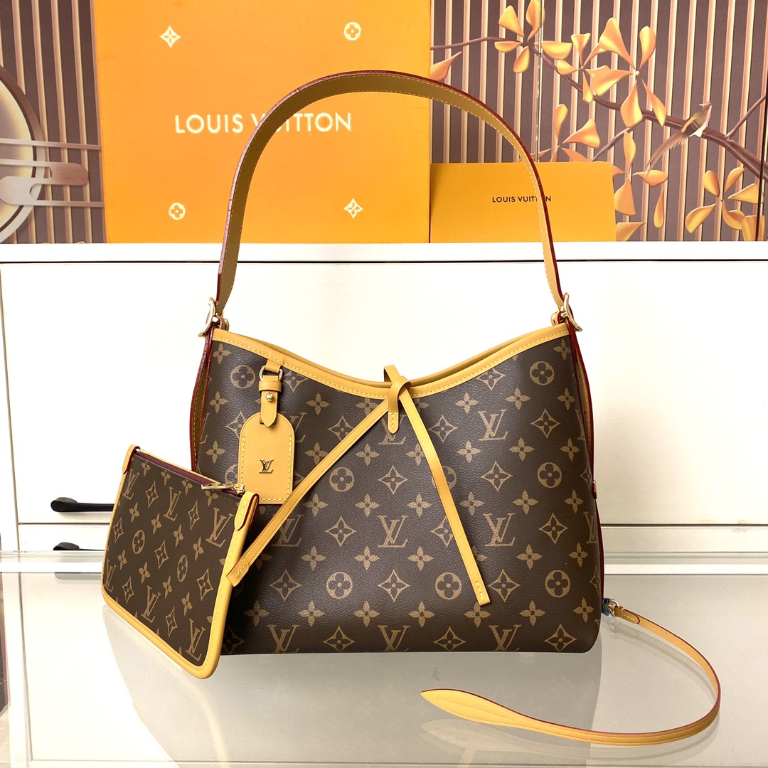 Louis Vuitton CarryAll Small Handbag Monogram Canvas Leather Trim Brown