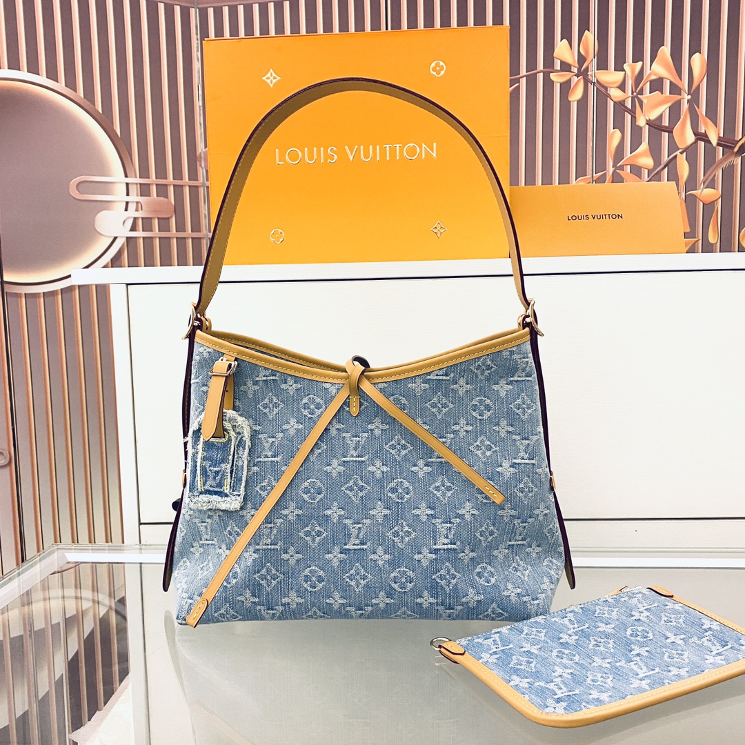 Louis Vuitton CarryAll Denim Small Handbag, Monogram Canvas with Leather Trim