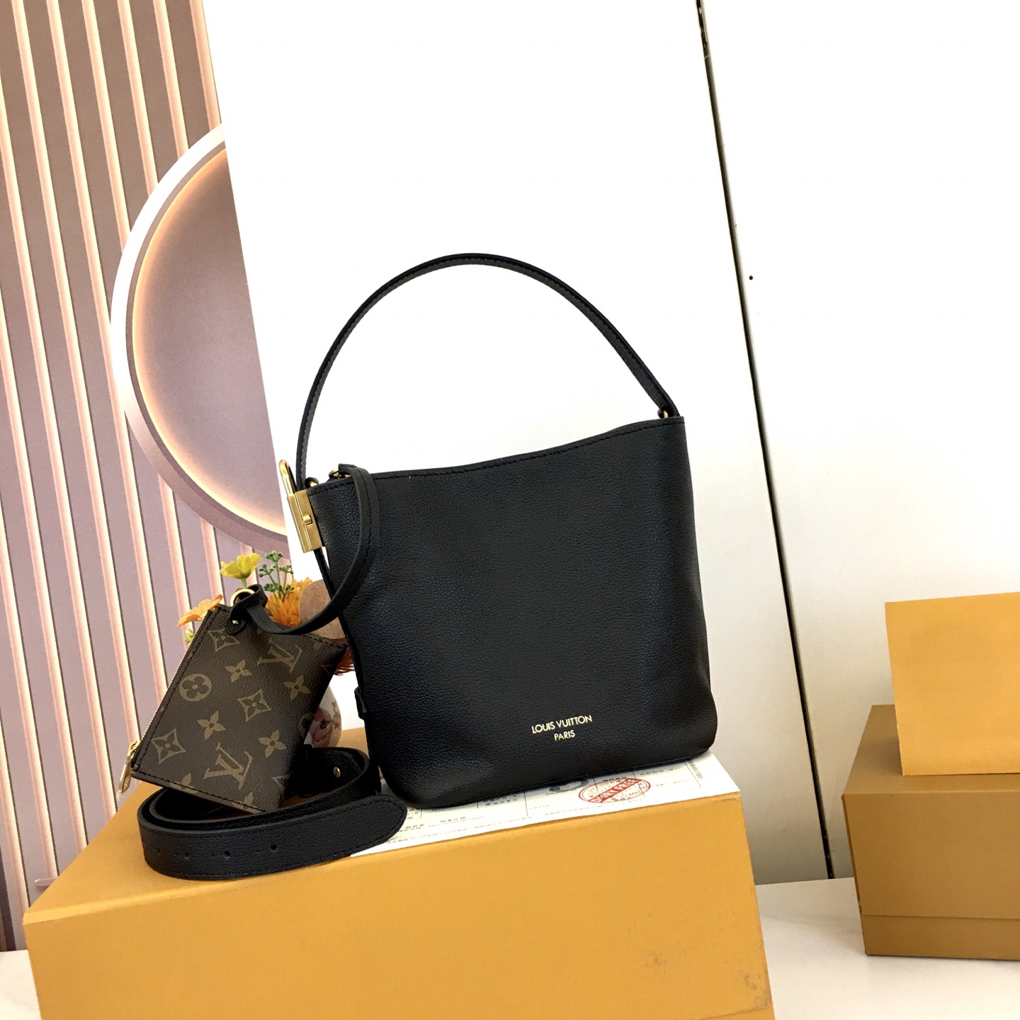 Louis Vuitton Low Key All In BB Black Leather Bucket Bag, 18 x 12 x 16 cm