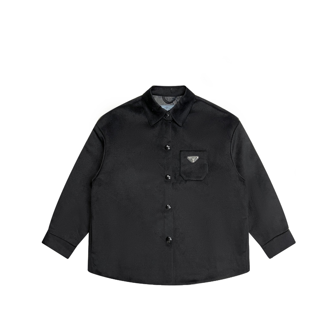 Prada Black Wool Shirt Jacket with Metal Triangle Logo - Unisex Style