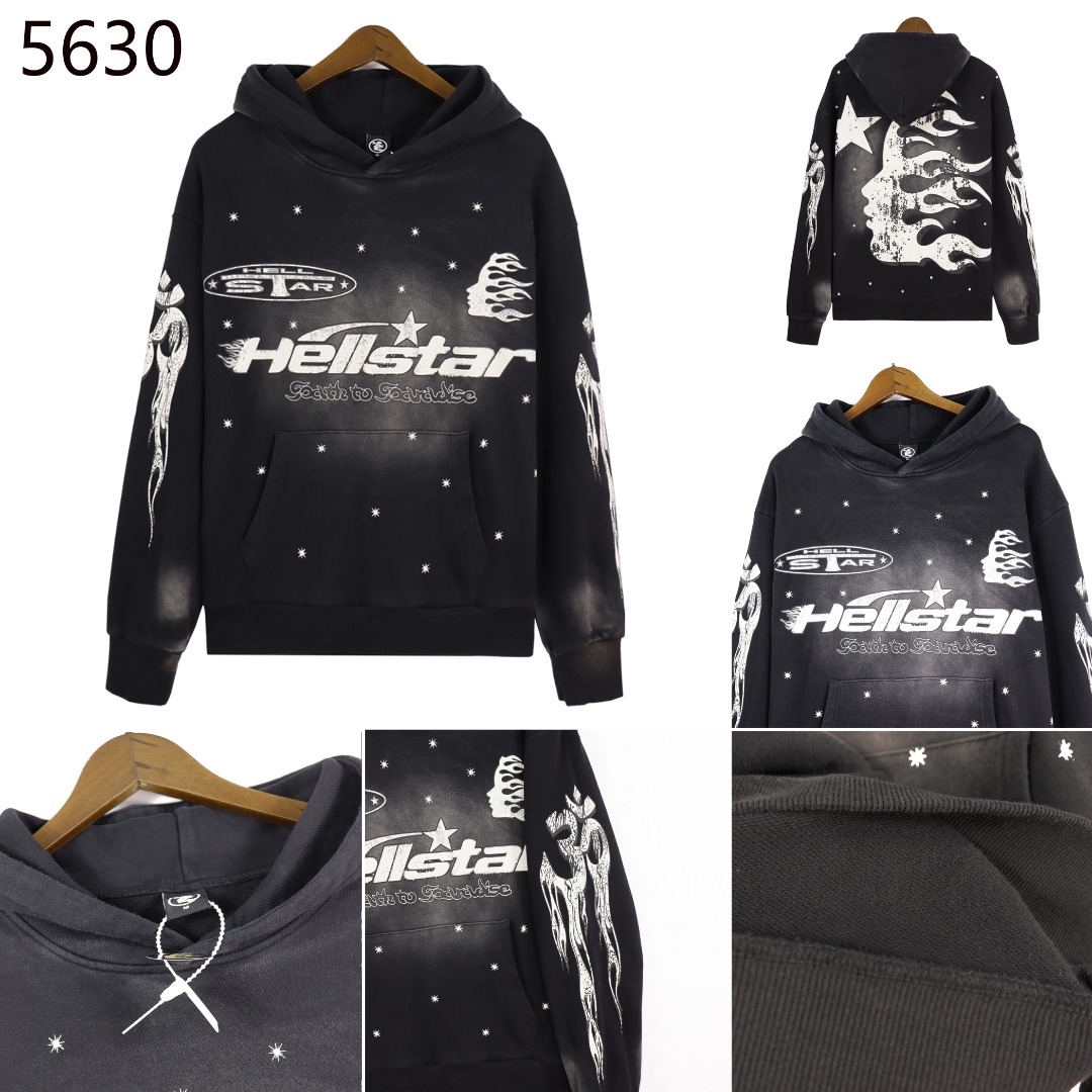 Hellstar Water-Washing Hoodie in 360g Fabric, Sizes S-XL, Code: BR 5630