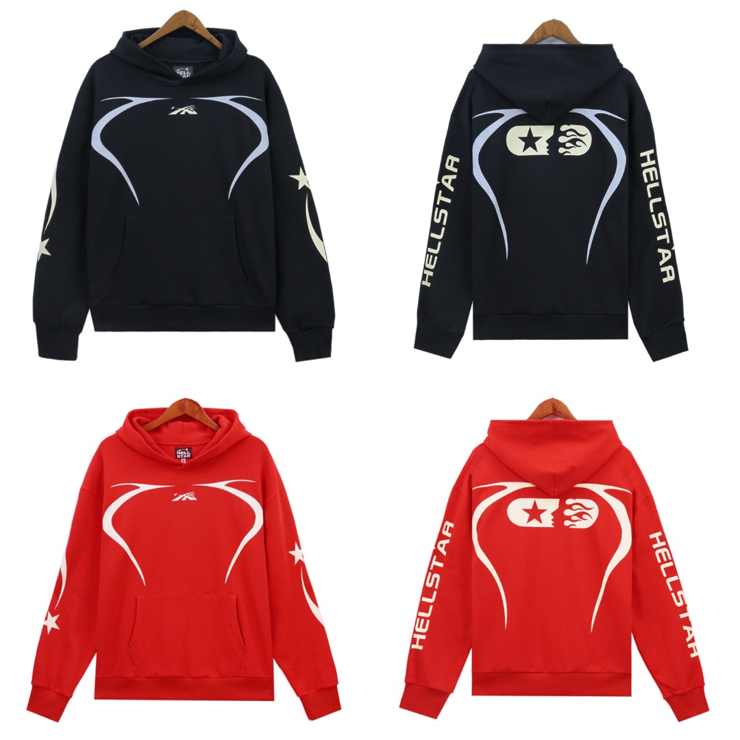 Hellstar Hoodie in 360g Fabric, Available in Black and Red, Sizes S-XL.