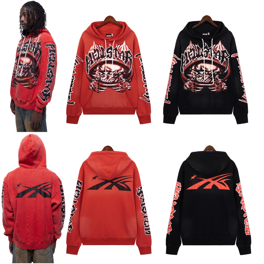 Water-Washing Hellstar Hoodie in Washing Black and Red, Sizes S-XL (BR 5665)