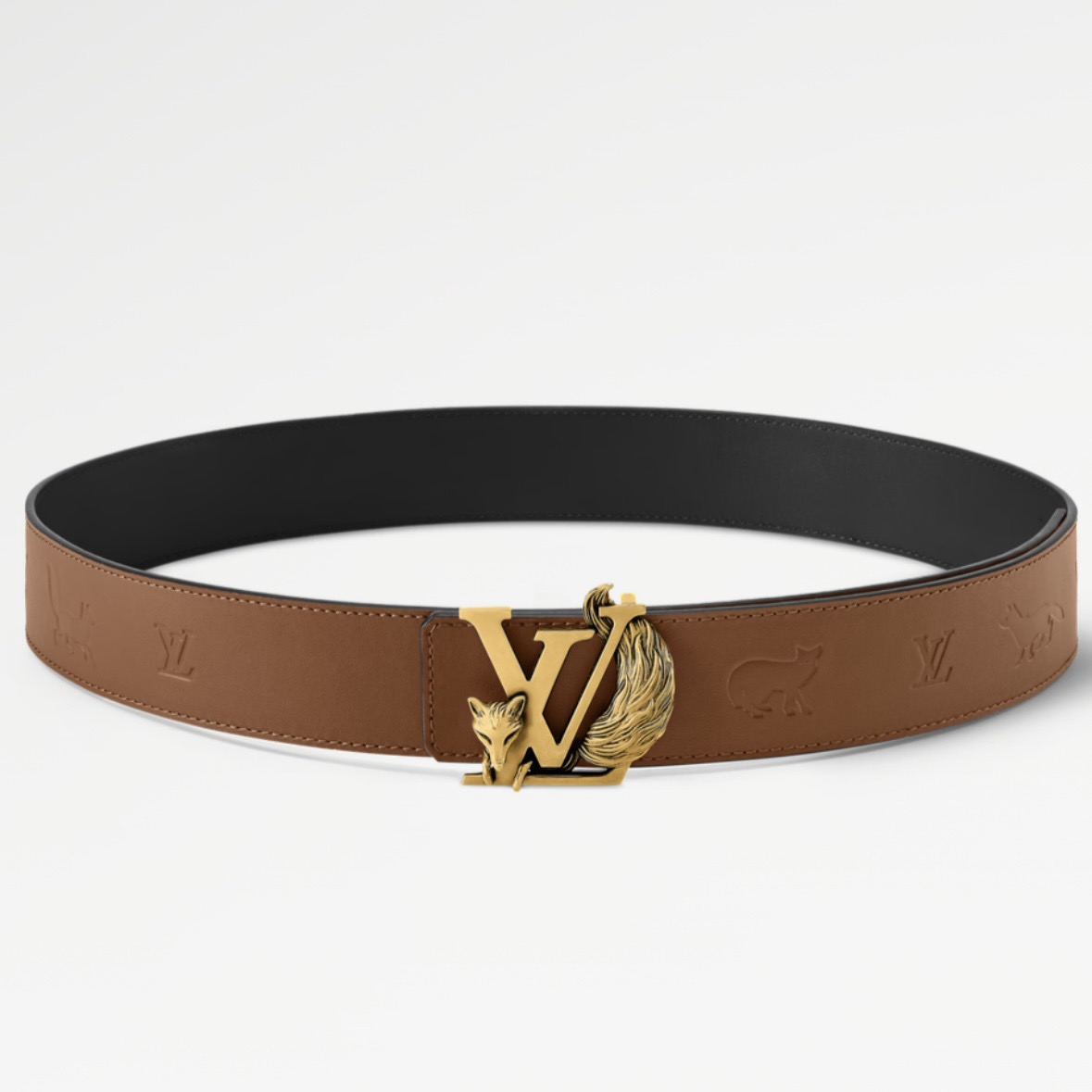 当季新款.40毫米双面腰带，采用双面设计（一面压印狐狸轮廓，一面为深色），搭配金色LV logo扣，兼具