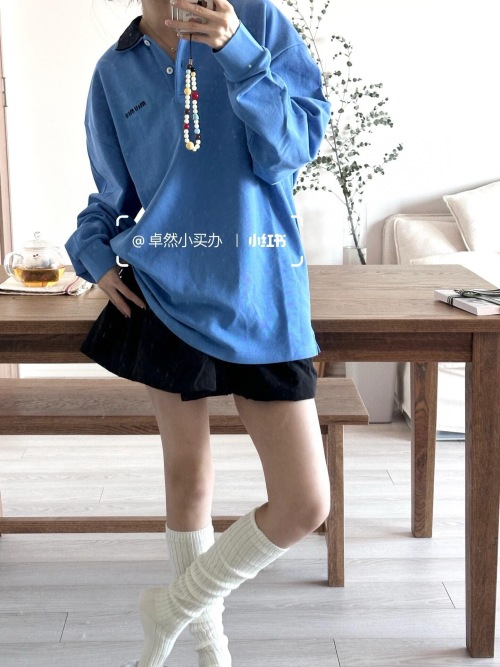 Miu Miu 25SS Embroidered Logo Blue Long Sleeve Polo Shirt 1 Miu Miu 25SS Embroidered Logo Blue Long Sleeve Polo Shirt