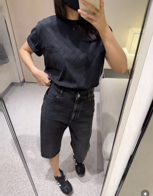 Chanel Women's Black Rhinestone CC Logo Backless T-Shirt, Luxury Designer Tee 1 Chanel Women's Black Rhinestone CC Logo Backless T-Shirt, Luxury Designer Tee