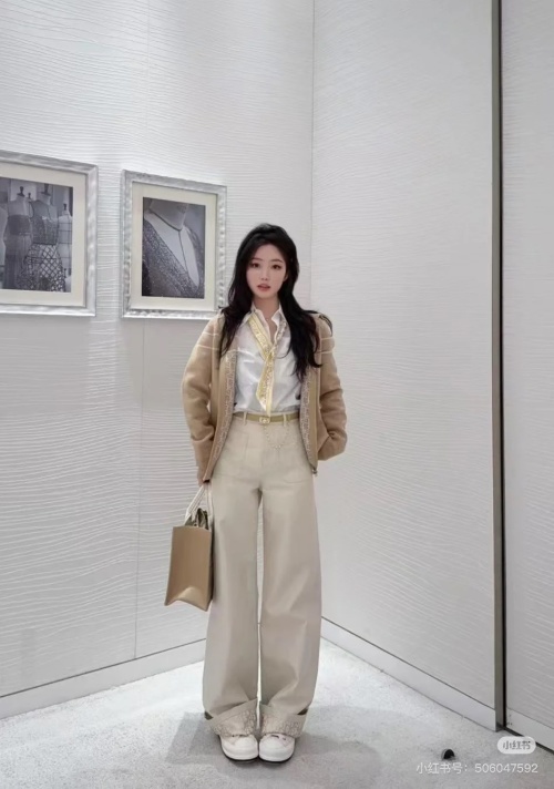 Dior Wide Leg Pants High Waisted Silver Thread Accent, Beige 1 Dior Wide Leg Pants High Waisted Silver Thread Accent, Beige