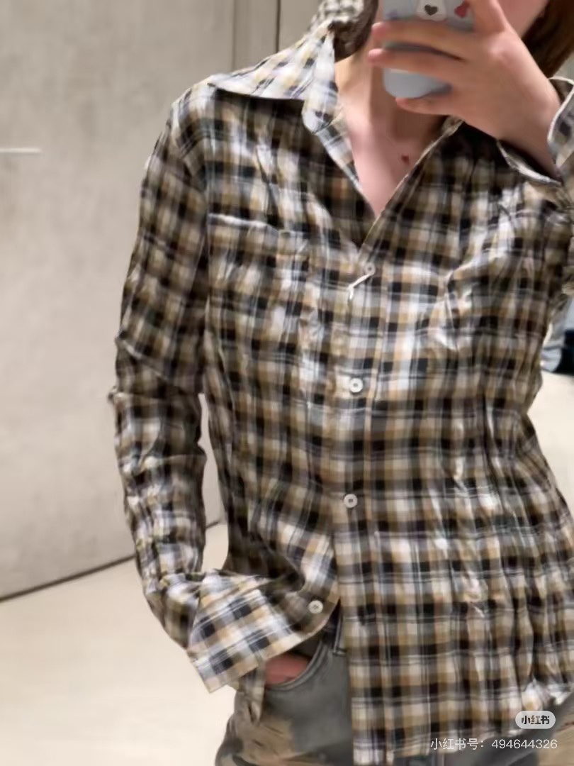 NO:411182,Acne*25Ss spring and summer new style, intellectual micro-mark plaid long-sleeved shirt. Original development!  High-end production!  Customized woven fabrics with brand logo patches, lapel collar, button closure, full pleated design, straight fit, personality style, workmanship quality depends on details. Spot SML, acne studios, shirts, alexander wang19860909Acne*25Ss春夏新款 知识分子微标格纹长袖衬衫.原版开发！高版出品！定制色织面料 饰有品牌标识贴饰 翻领领口 纽扣开合 全件褶皱设计,直筒版型 个性风 做工品质看细节.现货SML,,acne studios,shirts,alexander wang,Women's clothing