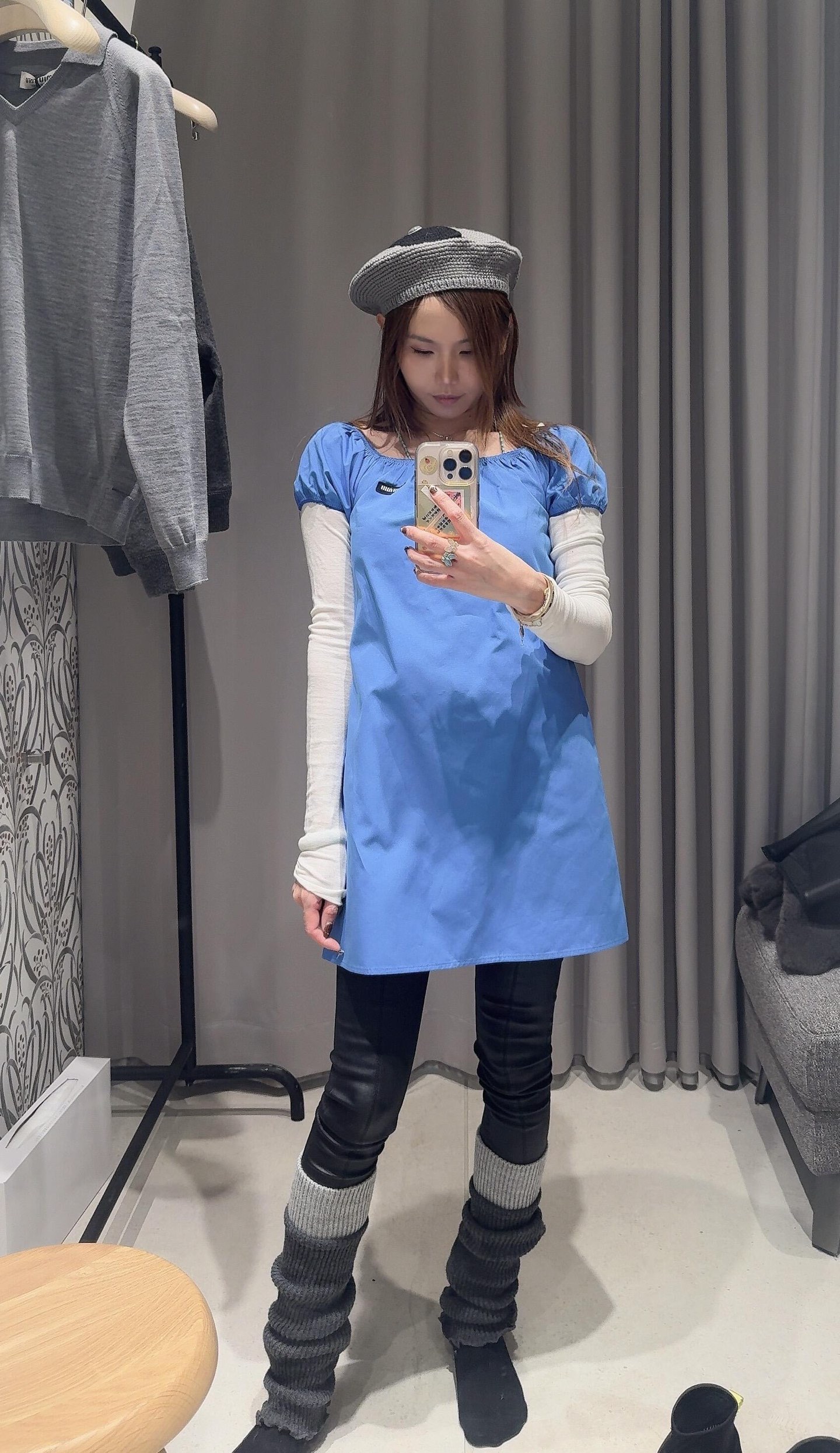 미우미우 스카이 블루 퍼프소매 A라인 원피스 26 SS 상세 이미지 9