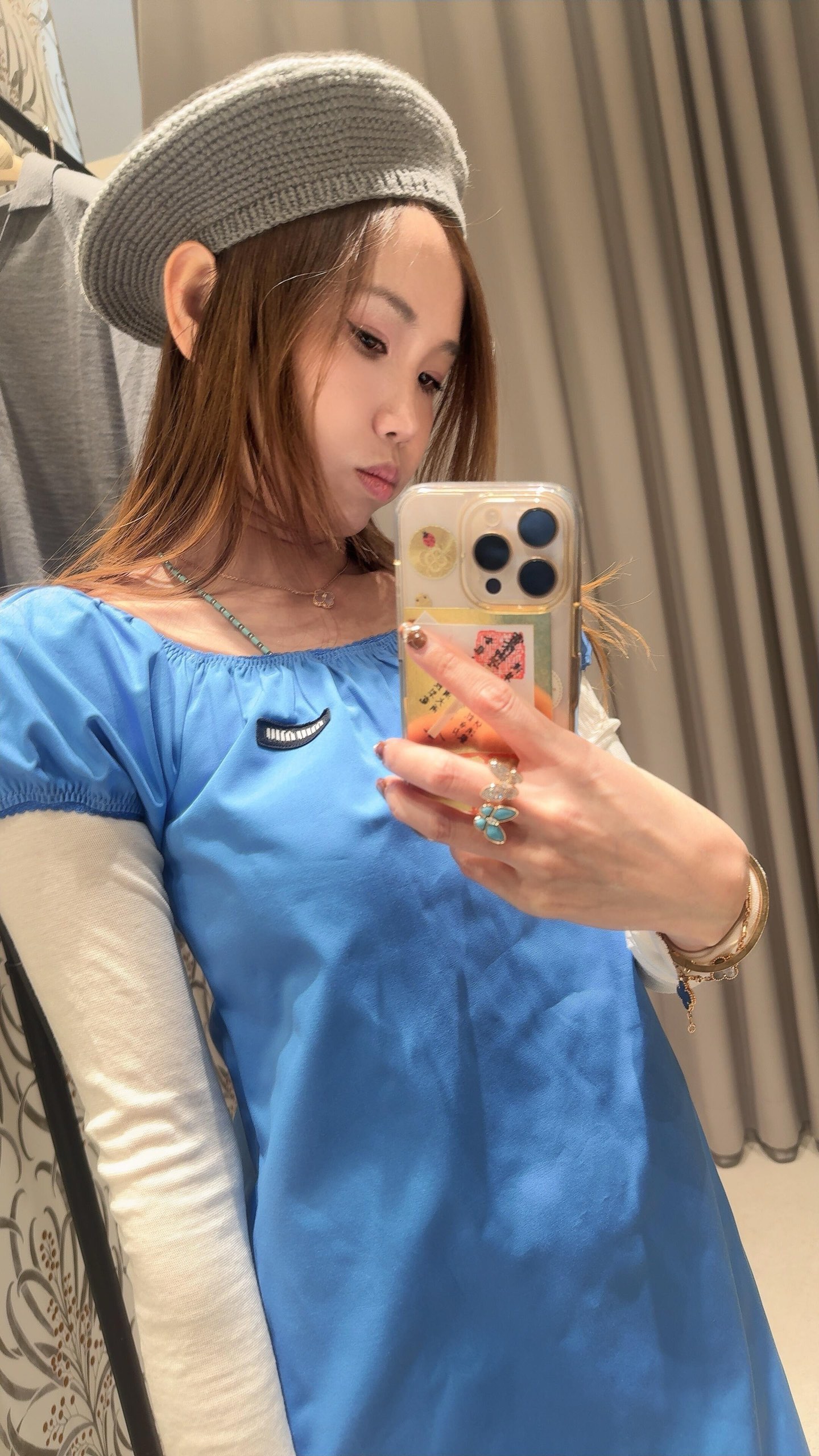 미우미우 스카이 블루 퍼프소매 A라인 원피스 26 SS 상세 이미지 8