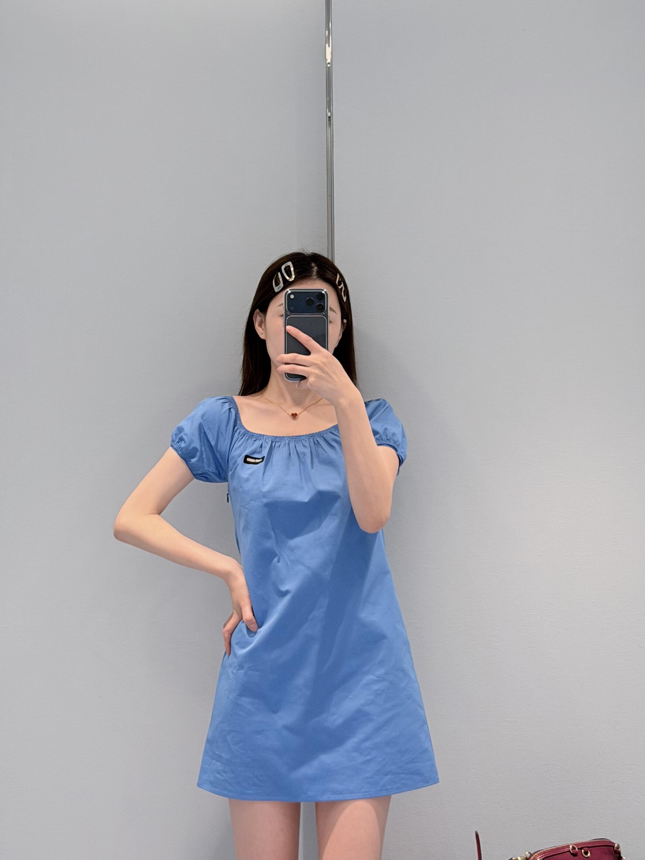 미우미우 스카이 블루 퍼프소매 A라인 원피스 26 SS 상세 이미지 4