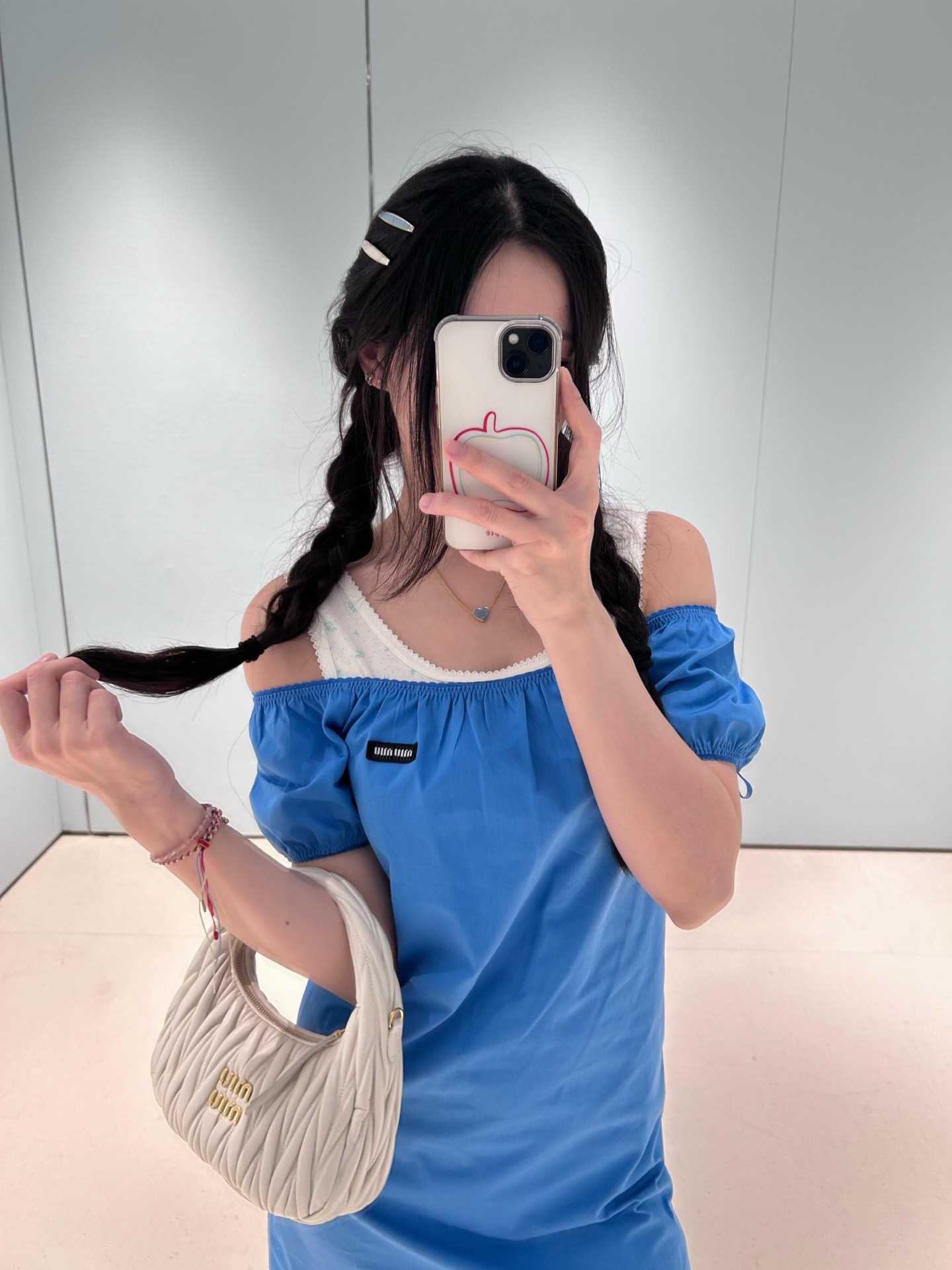 미우미우 스카이 블루 퍼프소매 A라인 원피스 26 SS 상세 이미지 2
