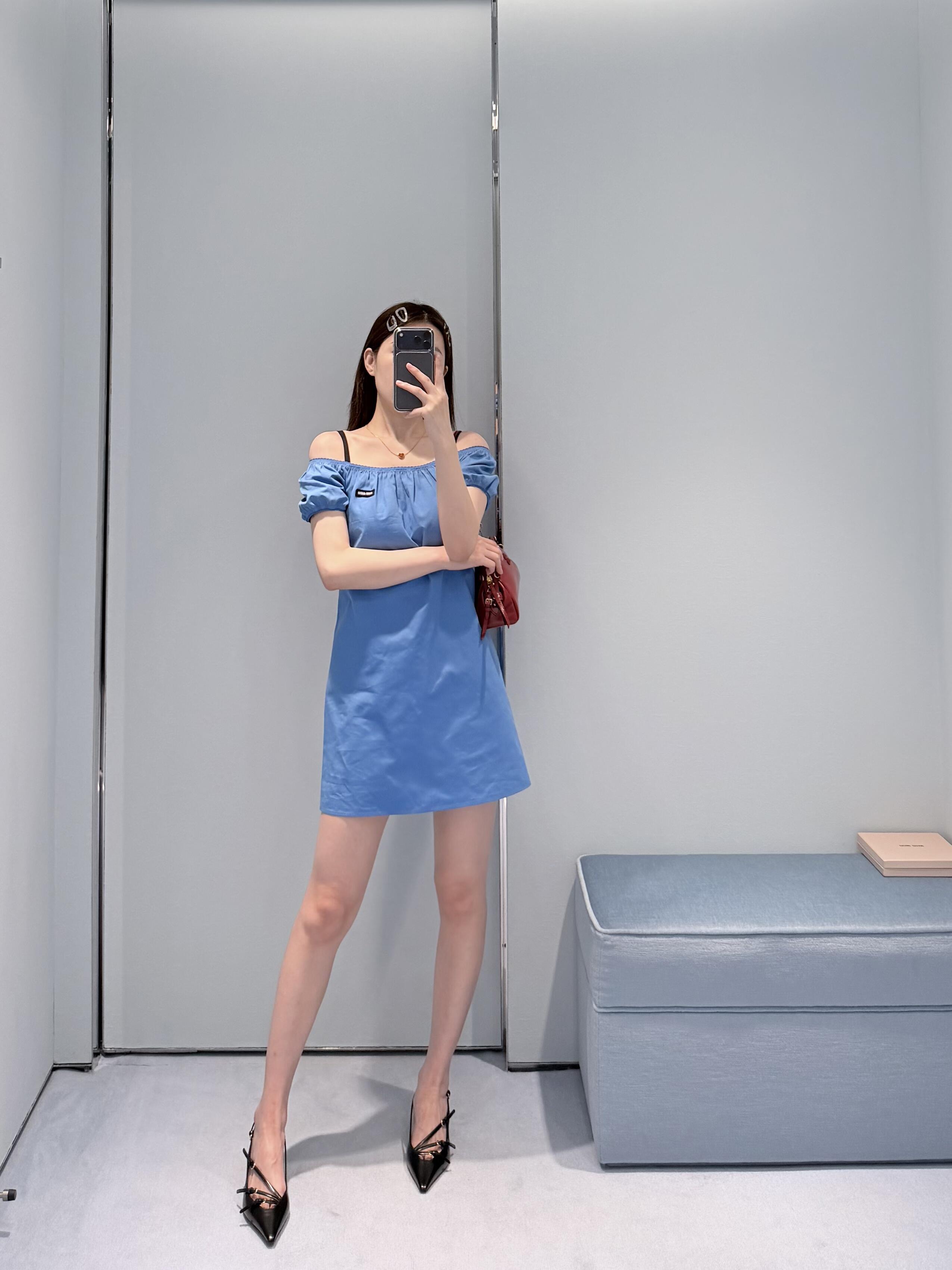 미우미우 스카이 블루 퍼프소매 A라인 원피스 26 SS 상세 이미지 6