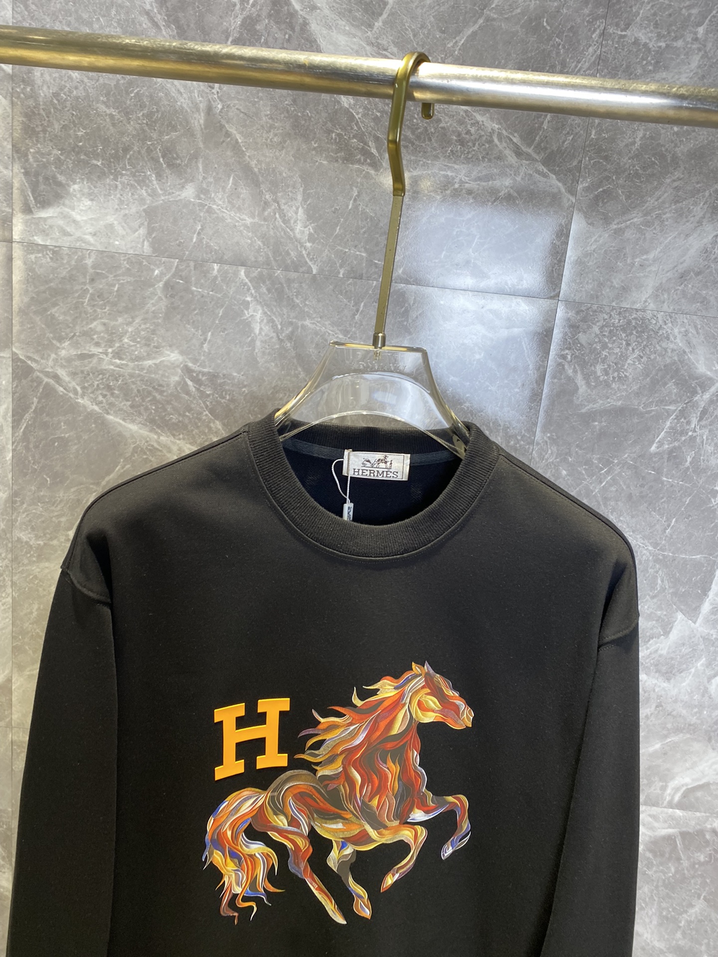 Hermes Horse Graphic Print Black Sweatshirt Long Sleeves Pullover For Men 6 i1726736040 2339 0