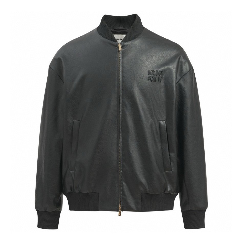【Suministro exclusivo】 Chaqueta de cuero MiuMiu 25SS con logo. Tejido de piel de becerro, la mejor variedad de piel de …