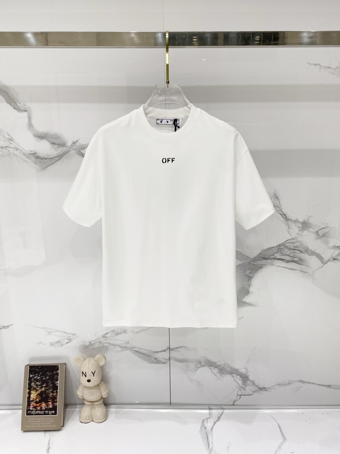 P75 OFF-white/ Camiseta de cuello redondo de algodón puro 260g Letras OF pequeñas y gran flecha con logo en la espalda …