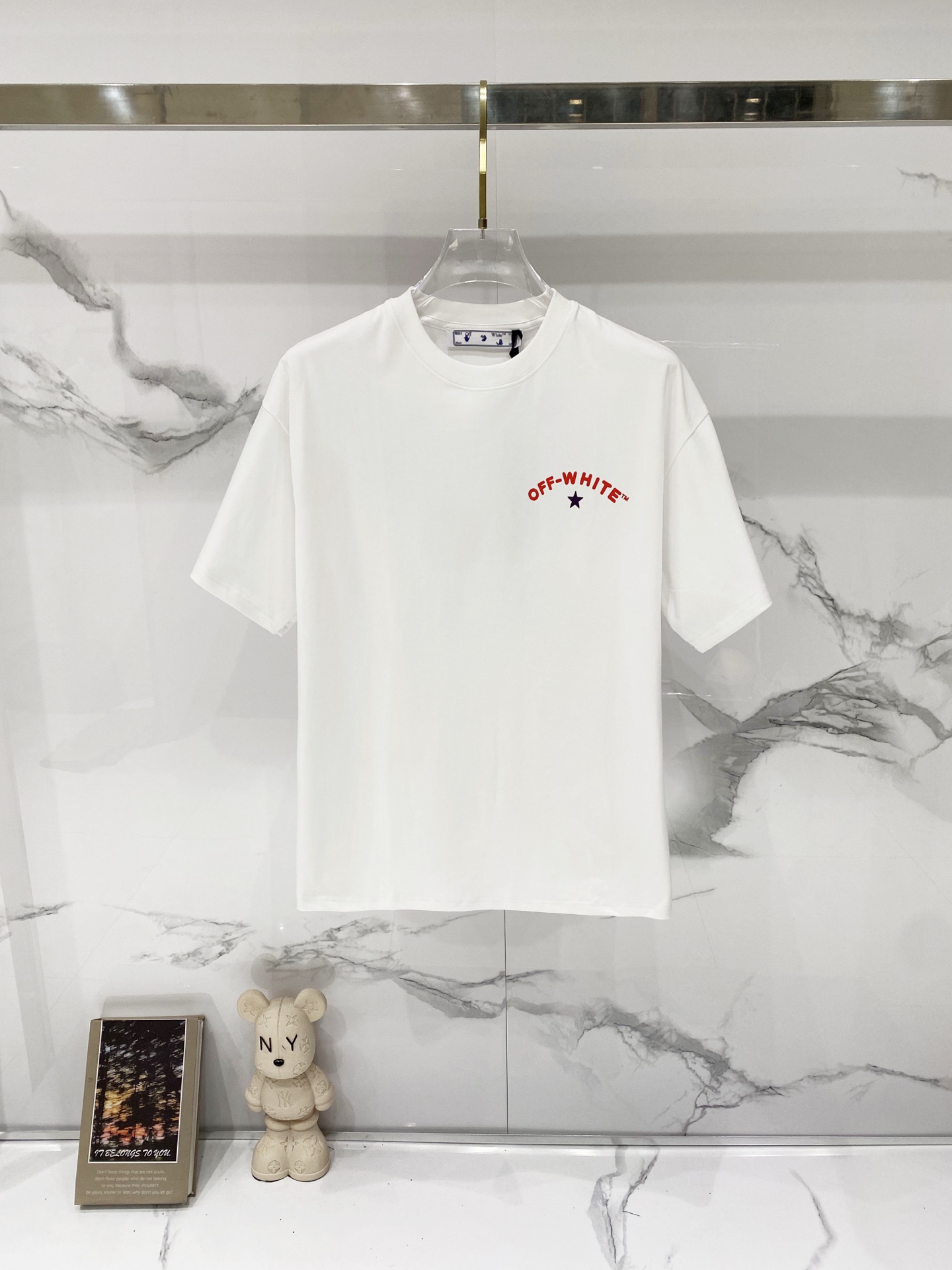 P75 OFF-white/ Camiseta de cuello redondo de algodón puro 260g Letras OF pequeñas y gran flecha con números y letras en…