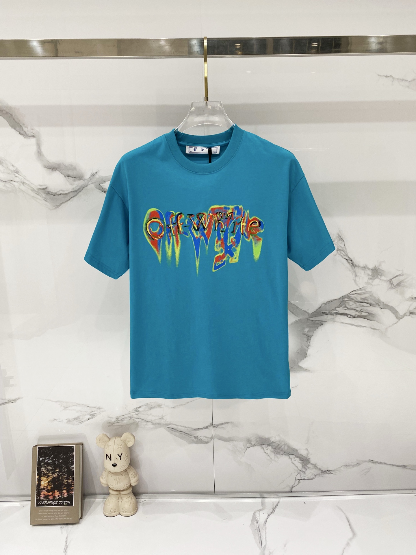 P75 OFF-white/ Camiseta de cuello redondo de algodón puro de 260 gramos, con logotipo de letras de colores y flechas, e…