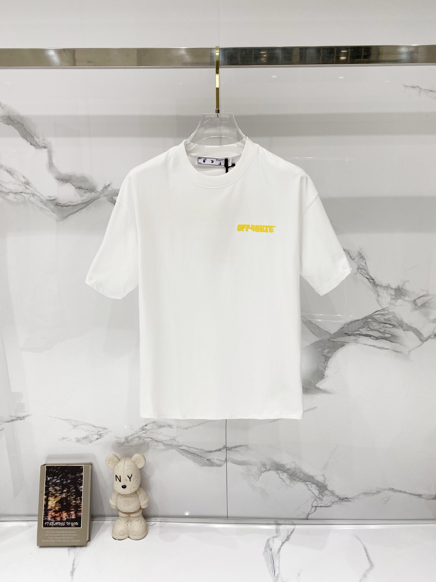 P75 OFF-white/ Camiseta de cuello redondo de algodón puro de 260 gramos, con logotipo OF en letras, proceso de estampad…
