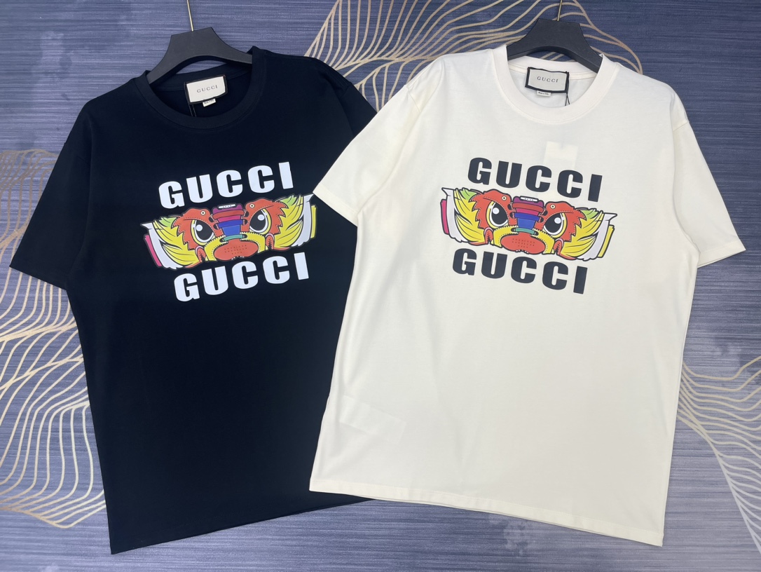 Gucci Clothing T-Shirt Beige Black Printing Unisex Cotton Spring/Summer Collection Fashion Short Sleeve