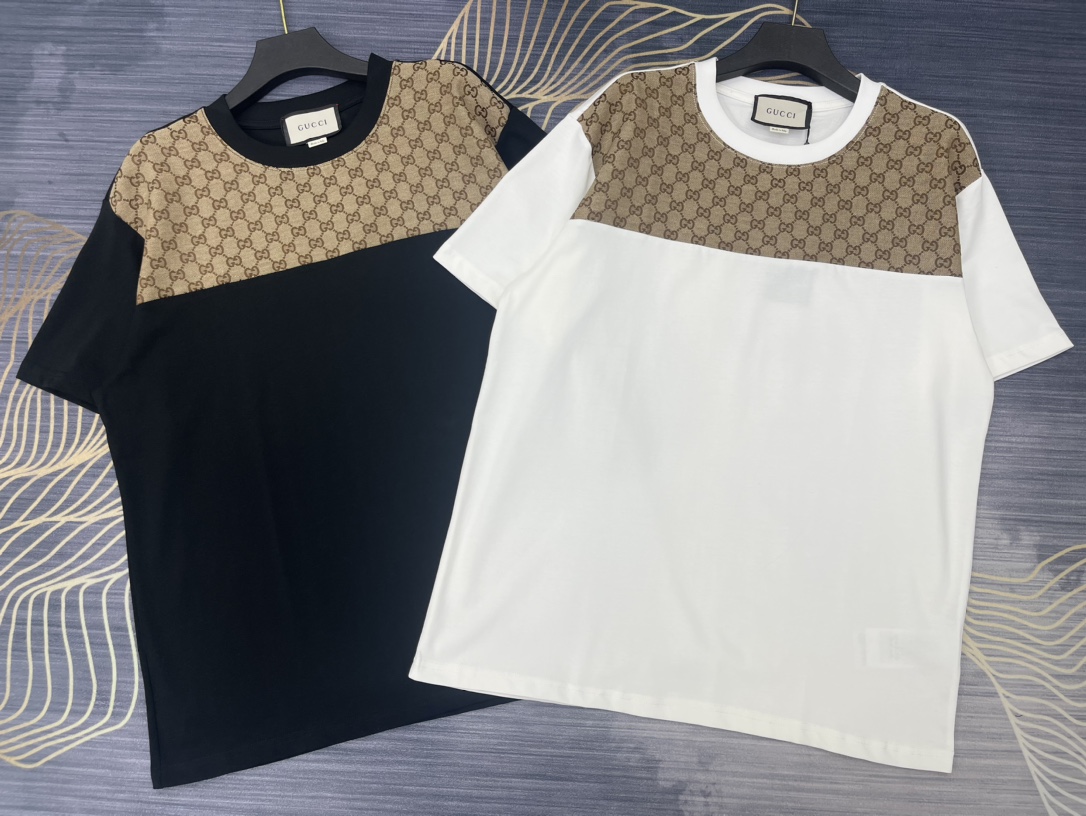 Gucci Clothing T-Shirt Black White Splicing Unisex Cotton Spring/Summer Collection Fashion Short Sleeve