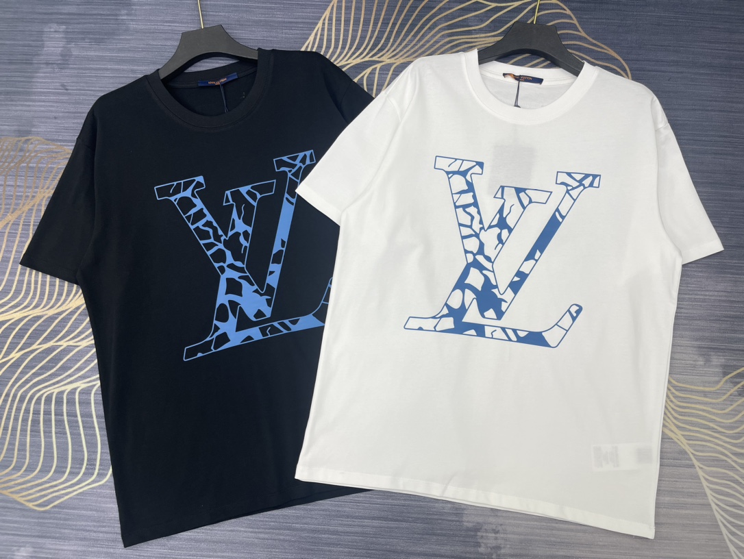 Louis Vuitton Clothing T-Shirt Black White Printing Unisex Cotton Spring/Summer Collection Fashion Short Sleeve