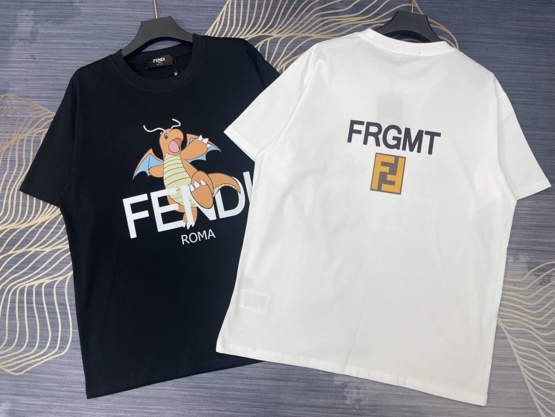 Fendi Clothing T-Shirt Black White Printing Unisex Cotton Spring/Summer Collection Fashion Short Sleeve