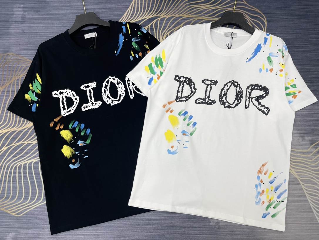 Dior Kleidung T-Shirt Schwarz Doodle Weiß Drucken Unisex Baumwolle Frühling/Sommer Kollektion Fashion Kurzarm