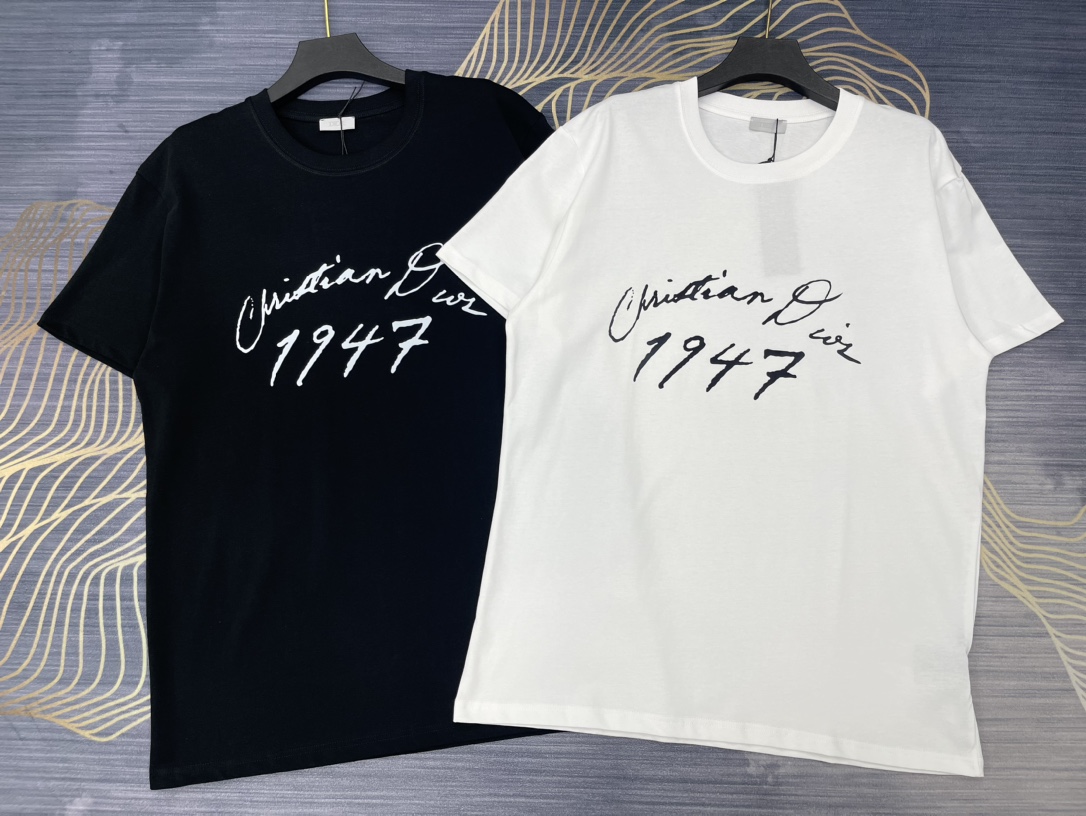 Dior Kleidung T-Shirt Schwarz Weiß Drucken Unisex Baumwolle Frühling/Sommer Kollektion Fashion Kurzarm