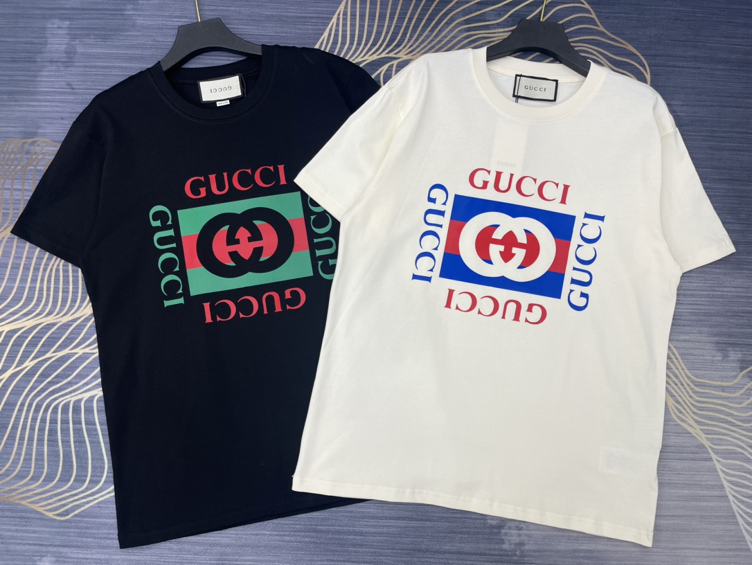 Gucci Replica
 Kleding T-Shirt Beige Zwart Afdrukken Unisex Katoen Lente/Zomercollectie Fashion Korte mouw