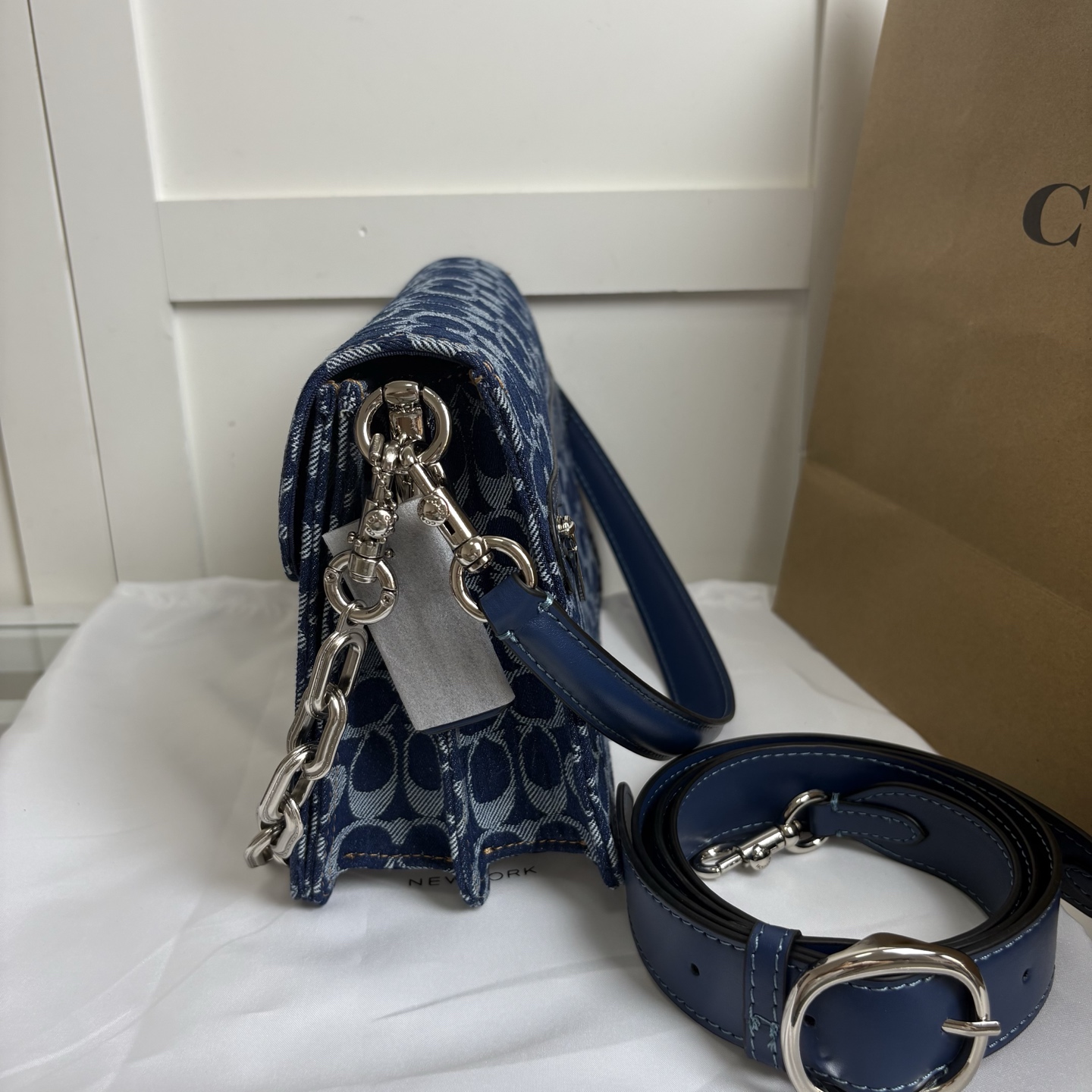 COACH 蔻驰 レディース クラシック ロゴ デニム チェーン タビー ショルダーバッグ