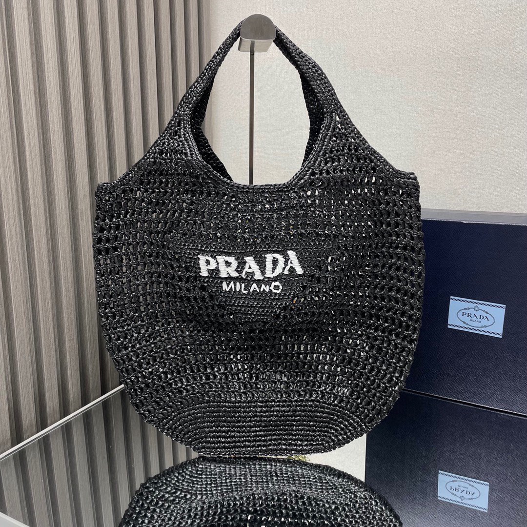 Prada Tassen Tote Tas Borduurwerk Raffia Zomercollectie Strand